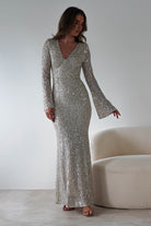 Nadalia Sequin Maxi Dress | Silver/Nude | Oh Hello Clothing | S (8)