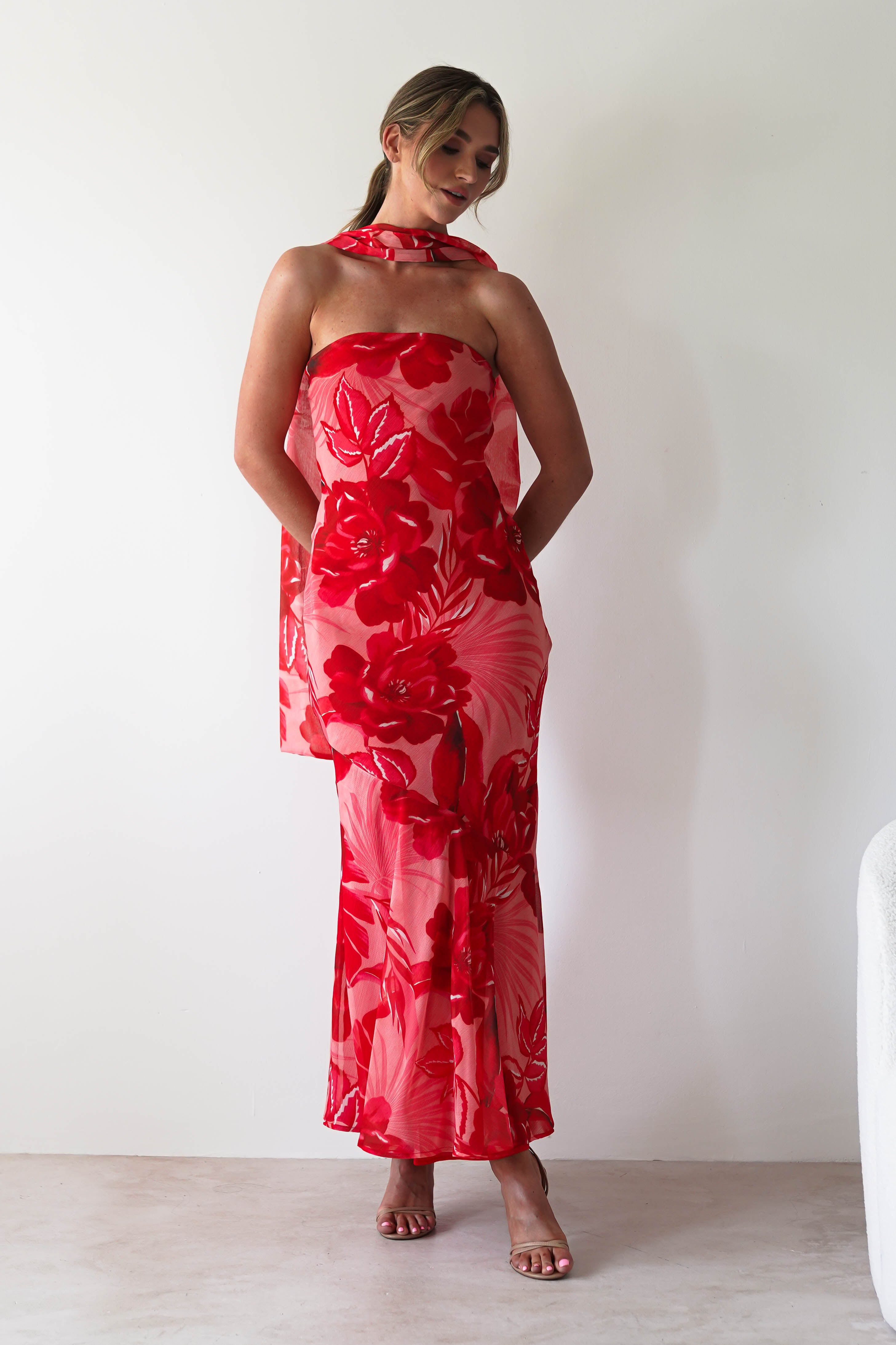 Charlene Floral Chiffon Maxi Dress | Red Print