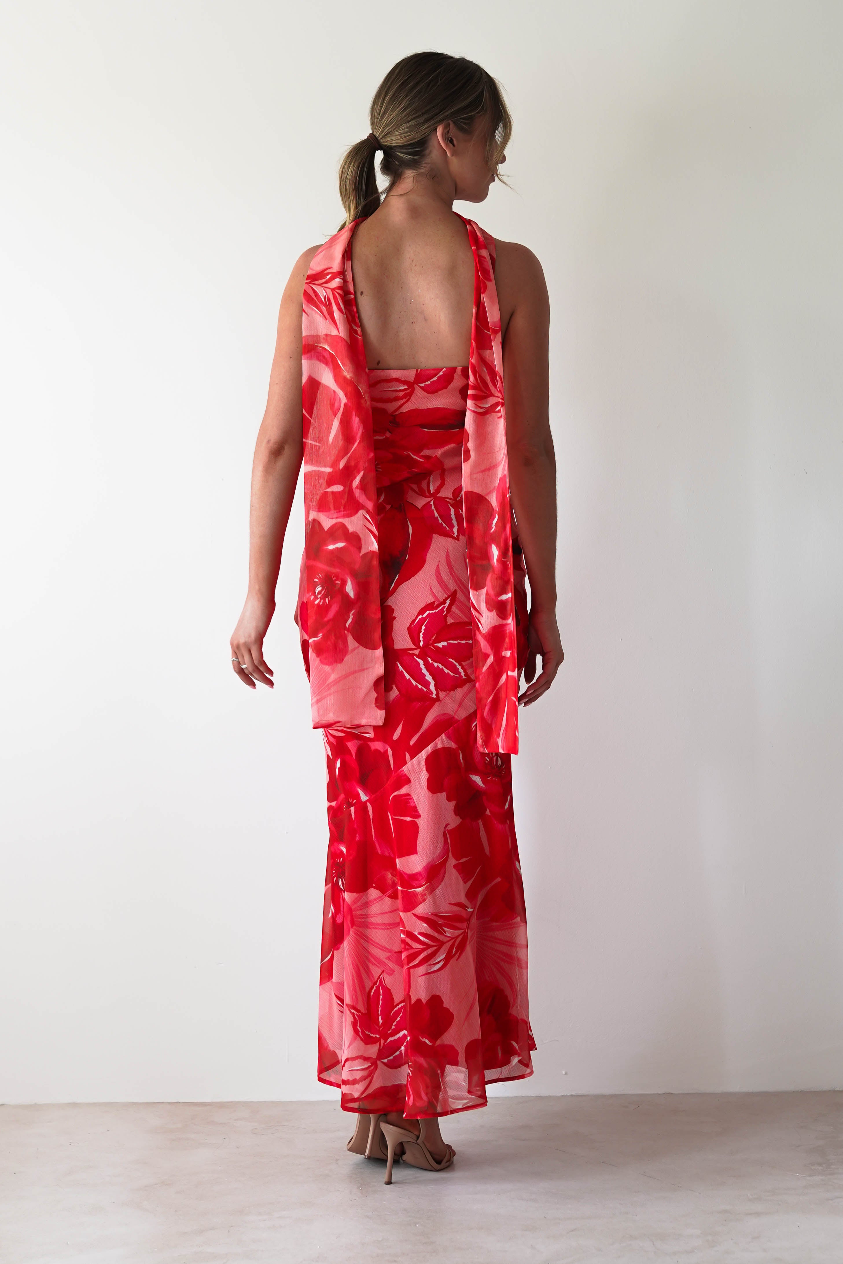 Charlene Floral Chiffon Maxi Dress | Red Print