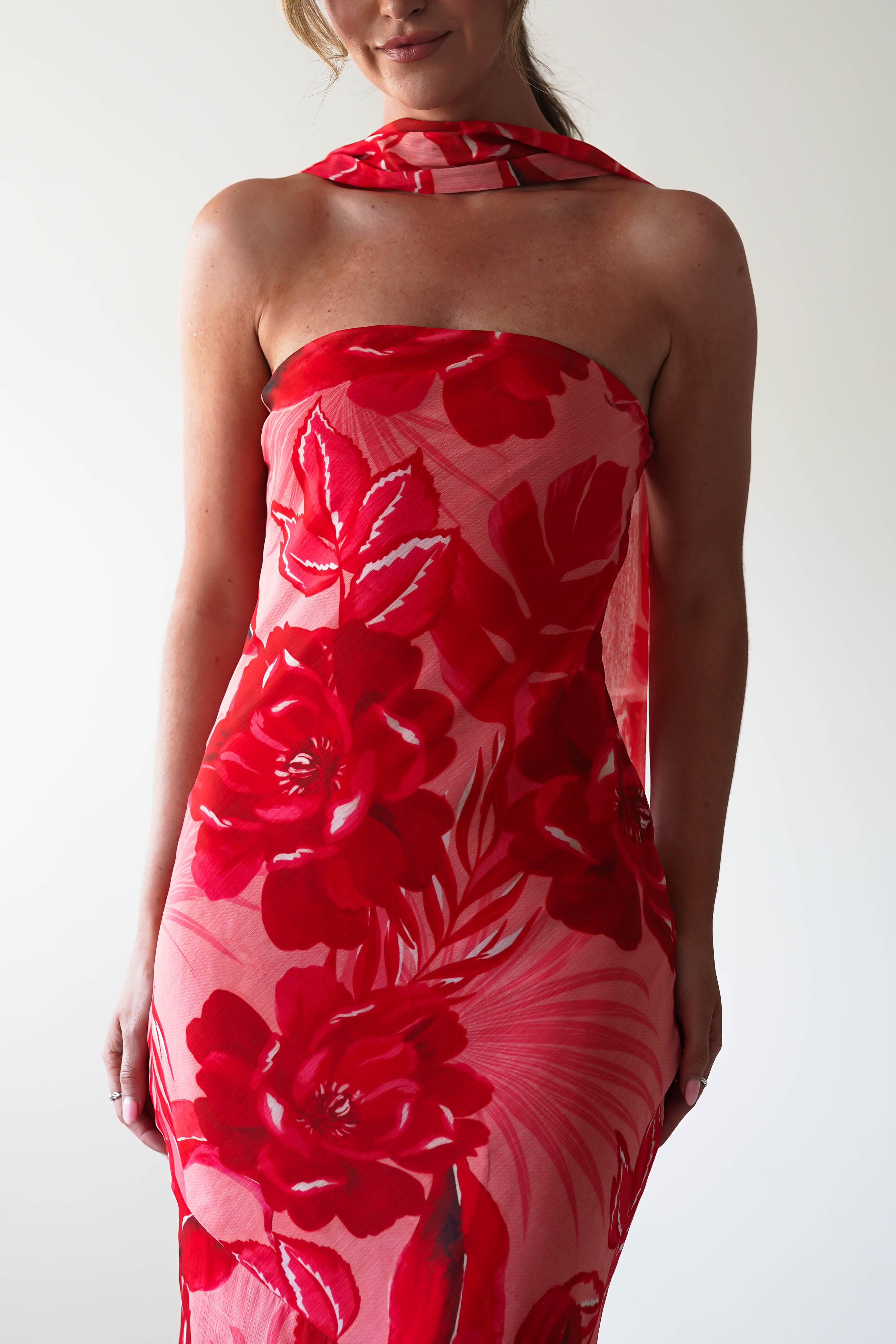 Charlene Floral Chiffon Maxi Dress | Red Print