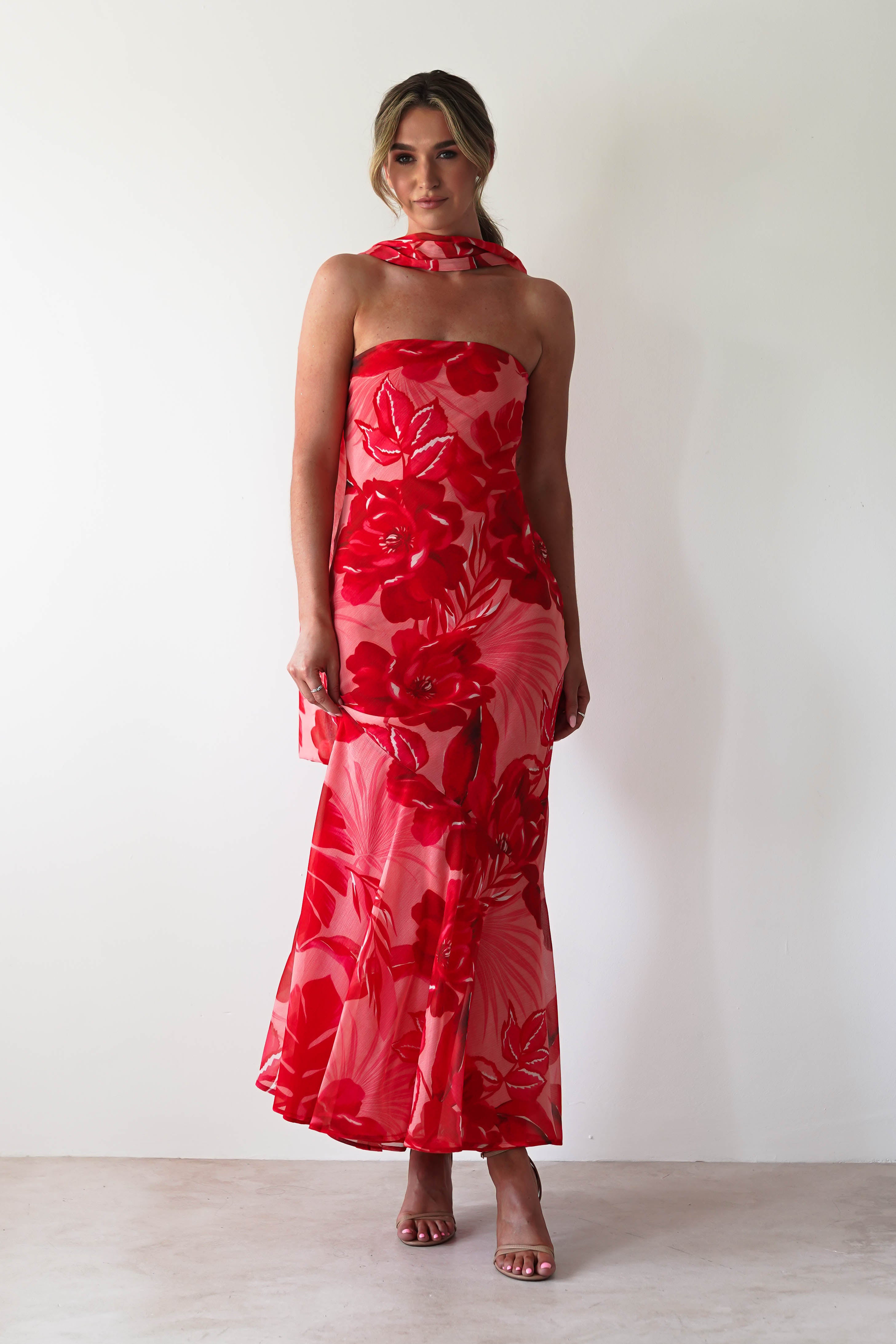 Charlene Floral Chiffon Maxi Dress | Red Print