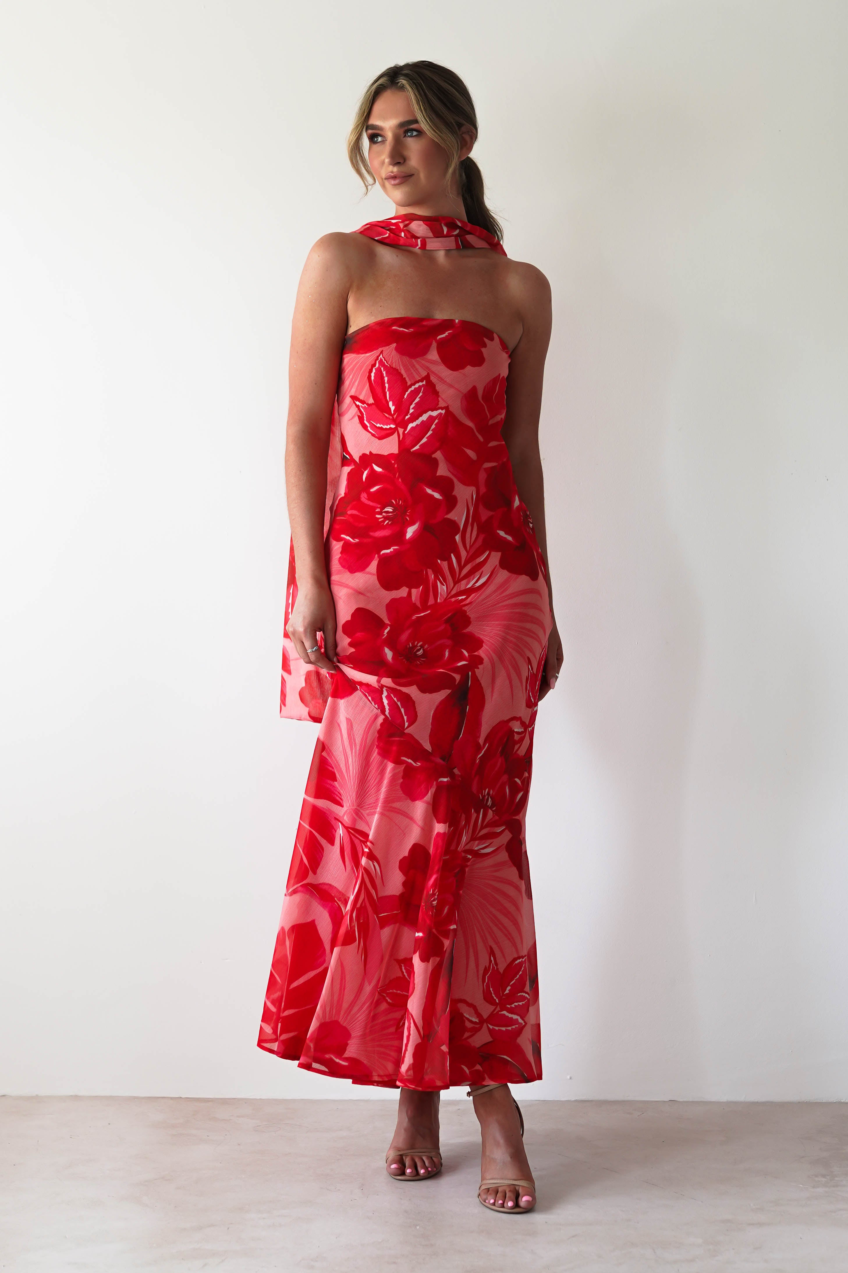 Charlene Floral Chiffon Maxi Dress | Red Print