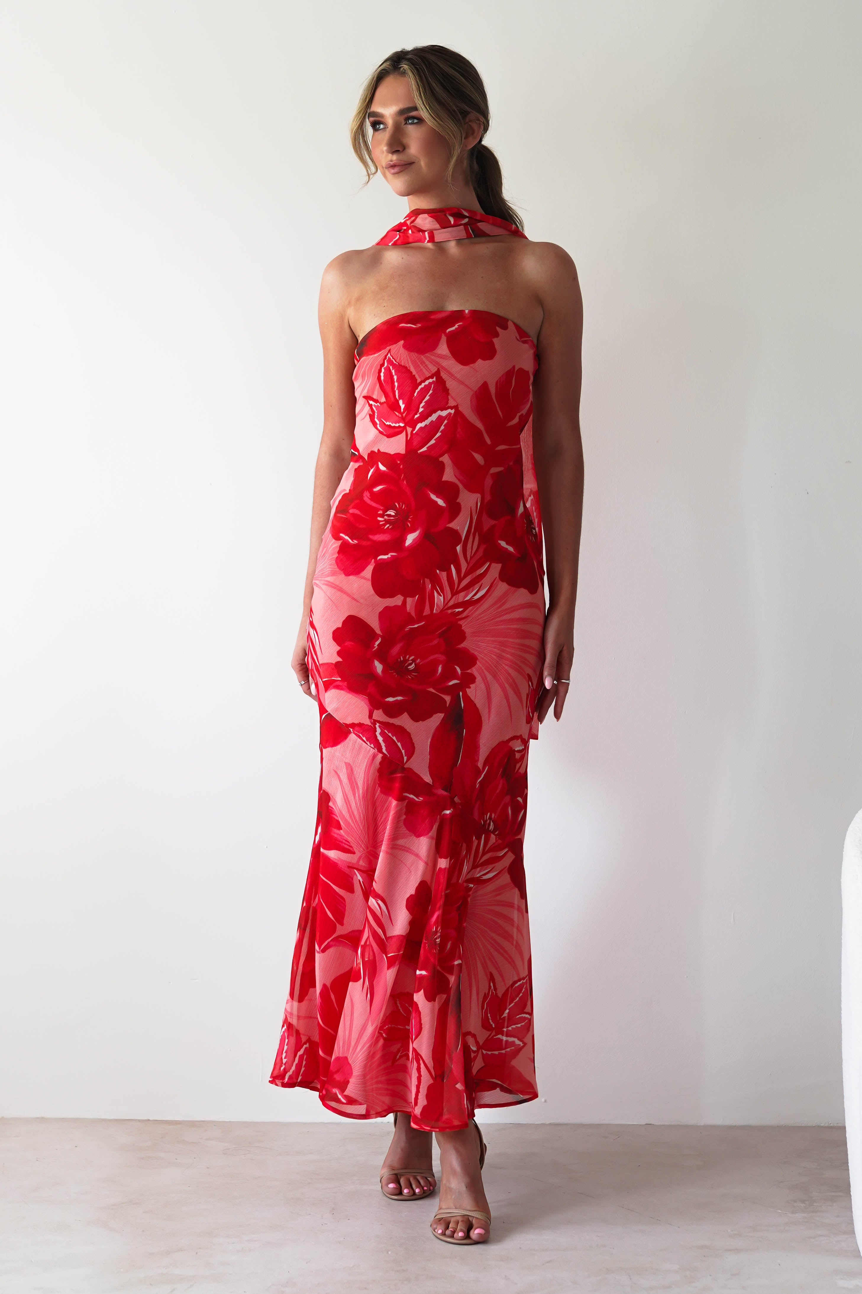 Charlene Floral Chiffon Maxi Dress | Red Print