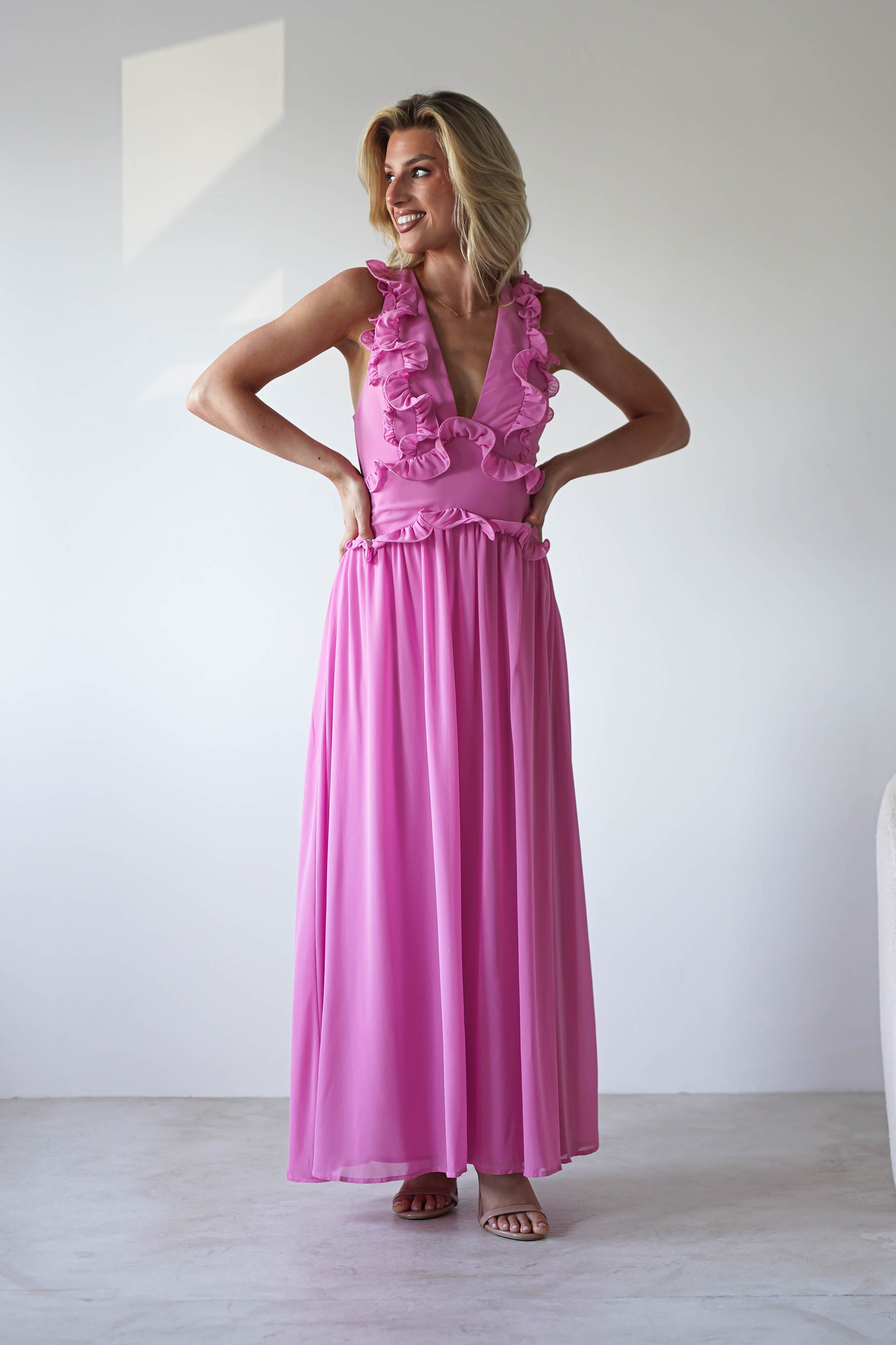 Ellie Ruffle Detail Maxi Dress | Pink | Oh Hello Clothing | XS (6)