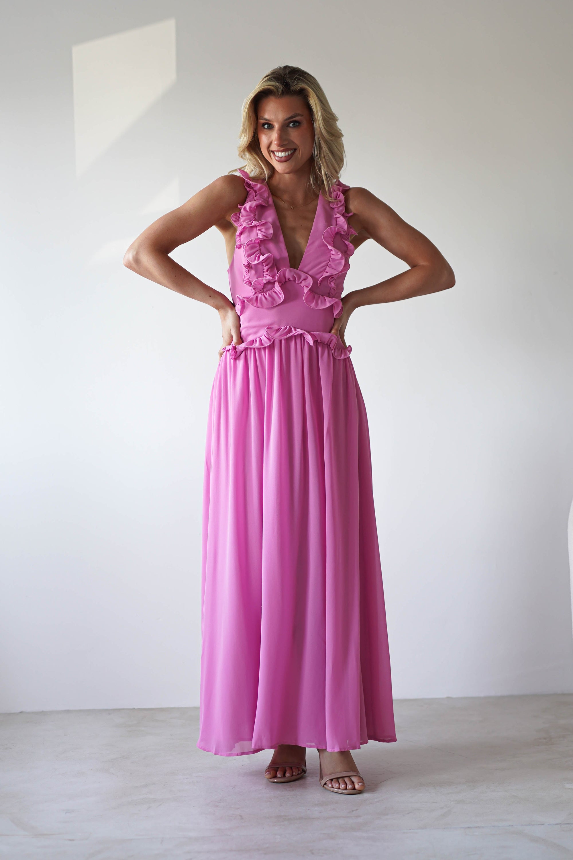 Ellie Ruffle Detail Maxi Dress | Pink | Oh Hello Clothing | XS (6)