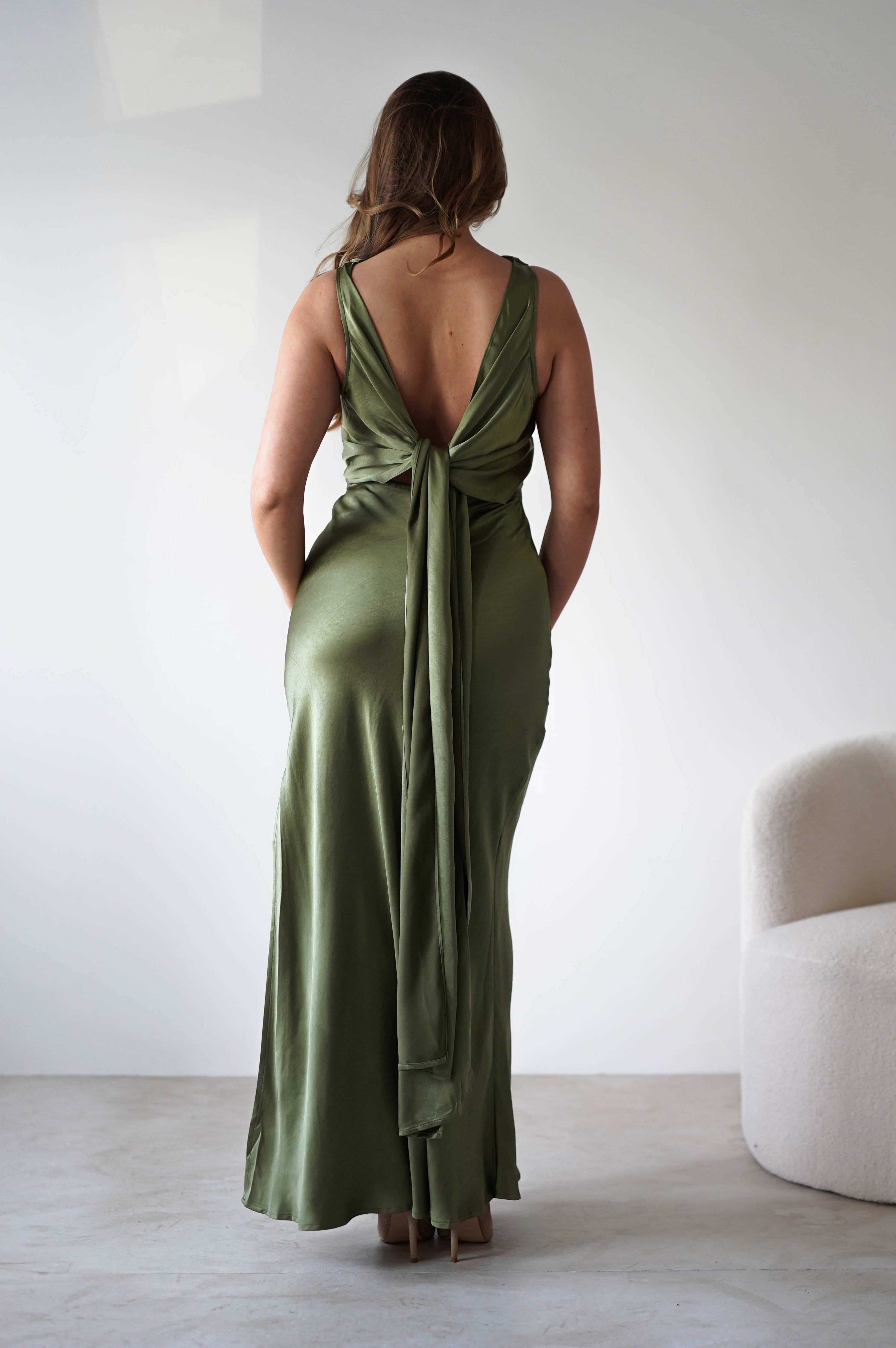 Darlee Tie Back Satin Maxi Dress | Olive | Oh Hello Clothing | XS (6)