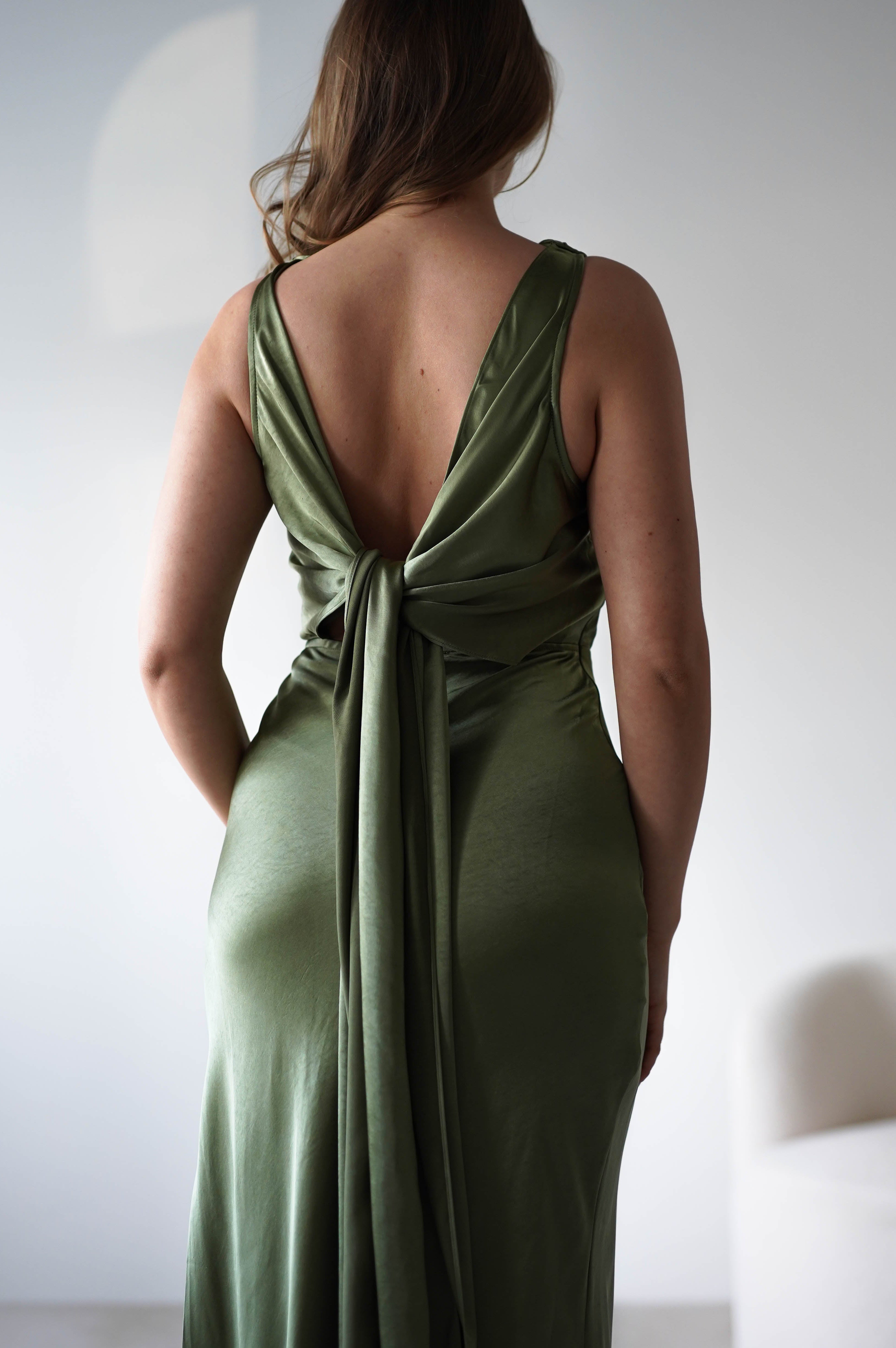 Darlee Tie Back Satin Maxi Dress | Olive | Oh Hello Clothing | XS (6)