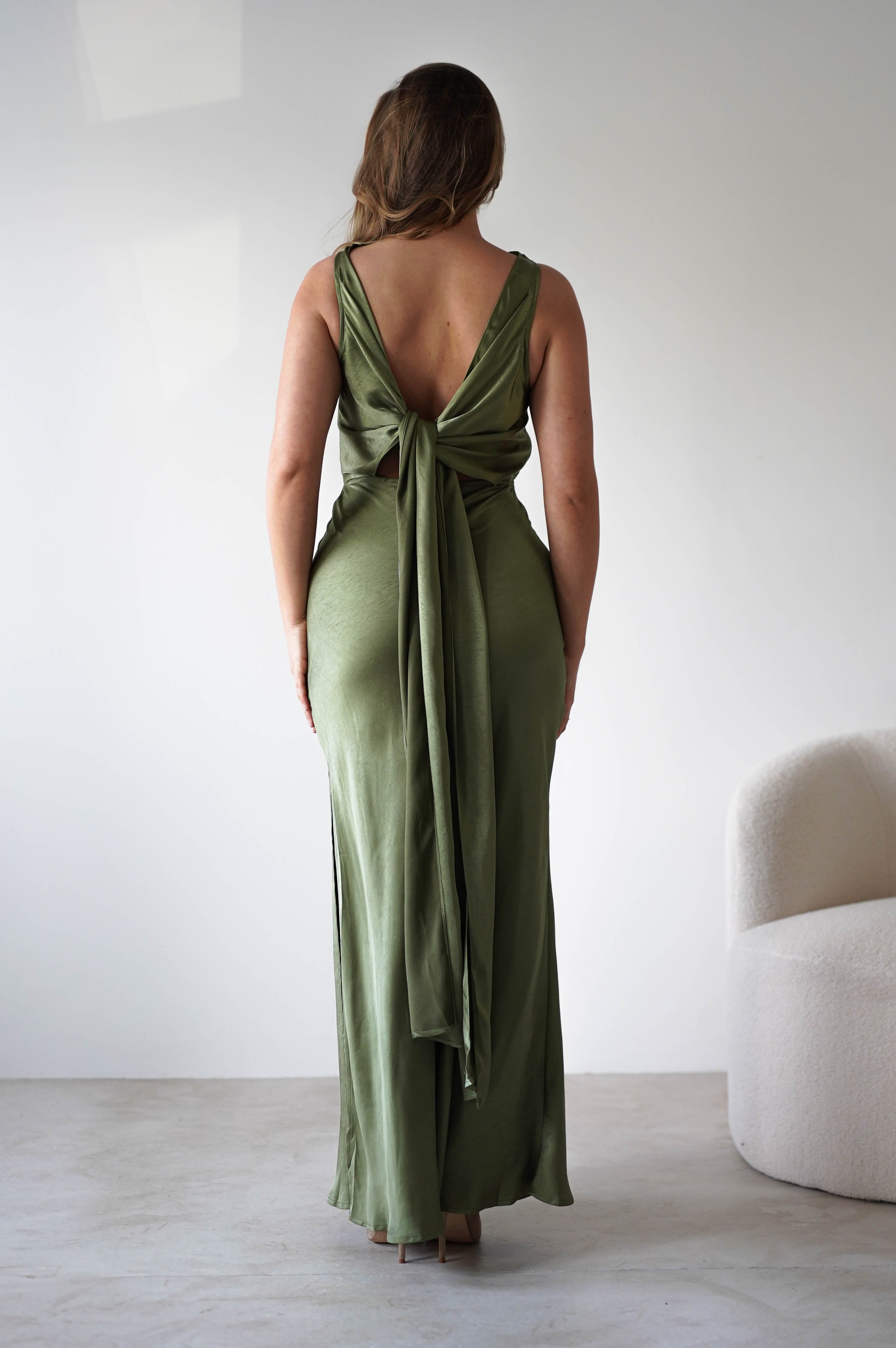 Darlee Tie Back Satin Maxi Dress | Olive | Oh Hello Clothing | XS (6)