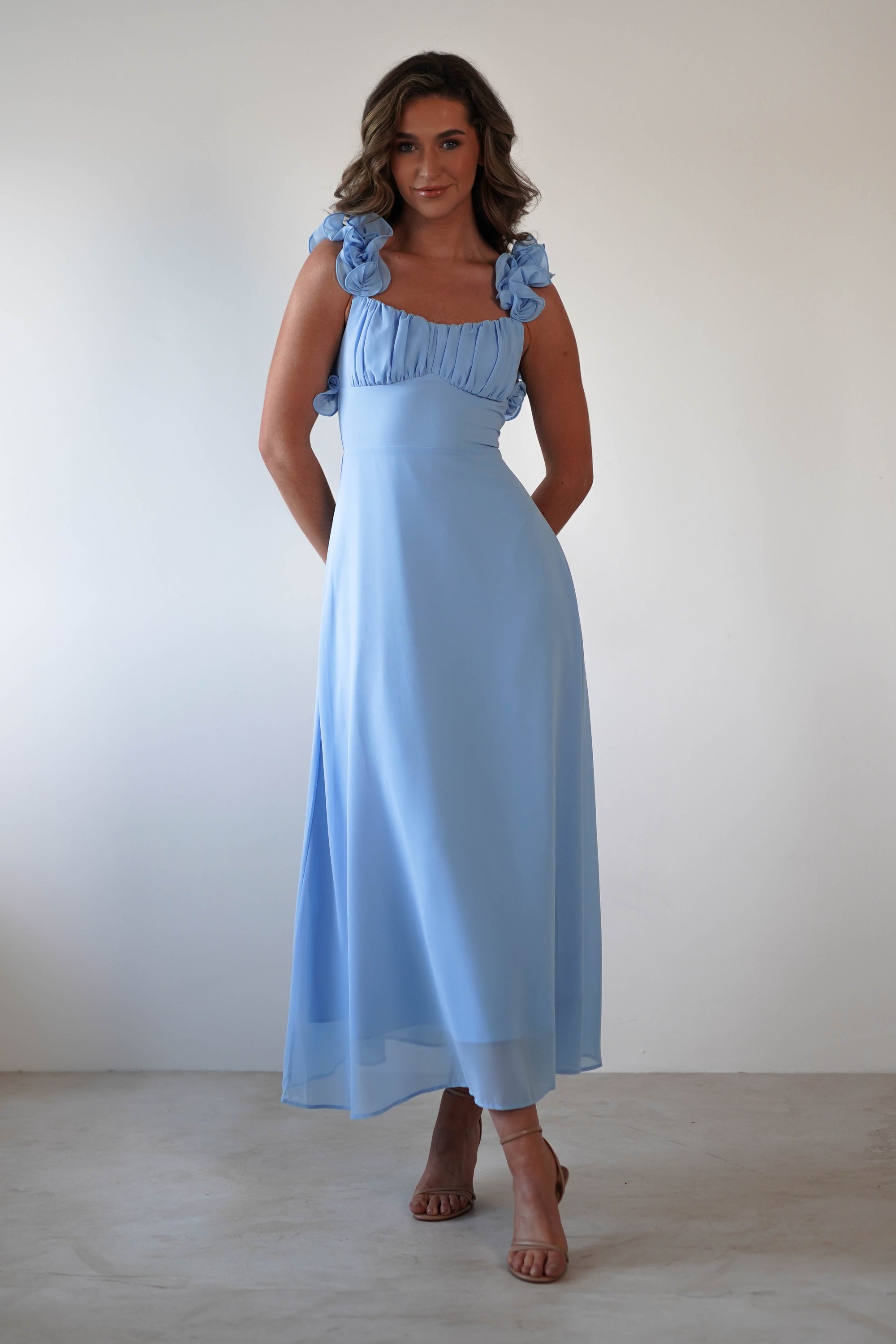 Sadie Ruffle Sleeve Maxi Dress | Blue | Oh Hello Clothing | XS (6)