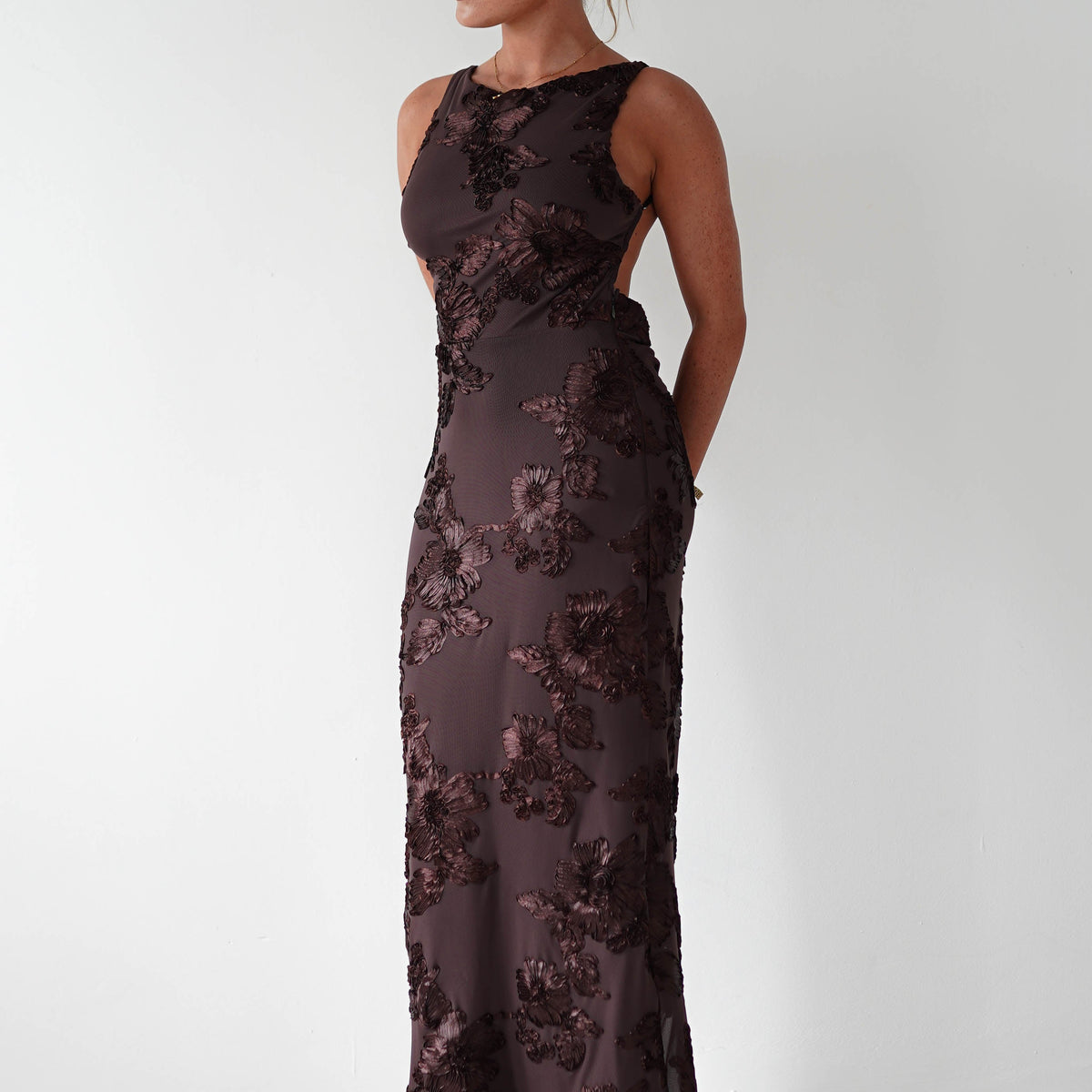Demi Floral Textured Maxi Dress | Brown