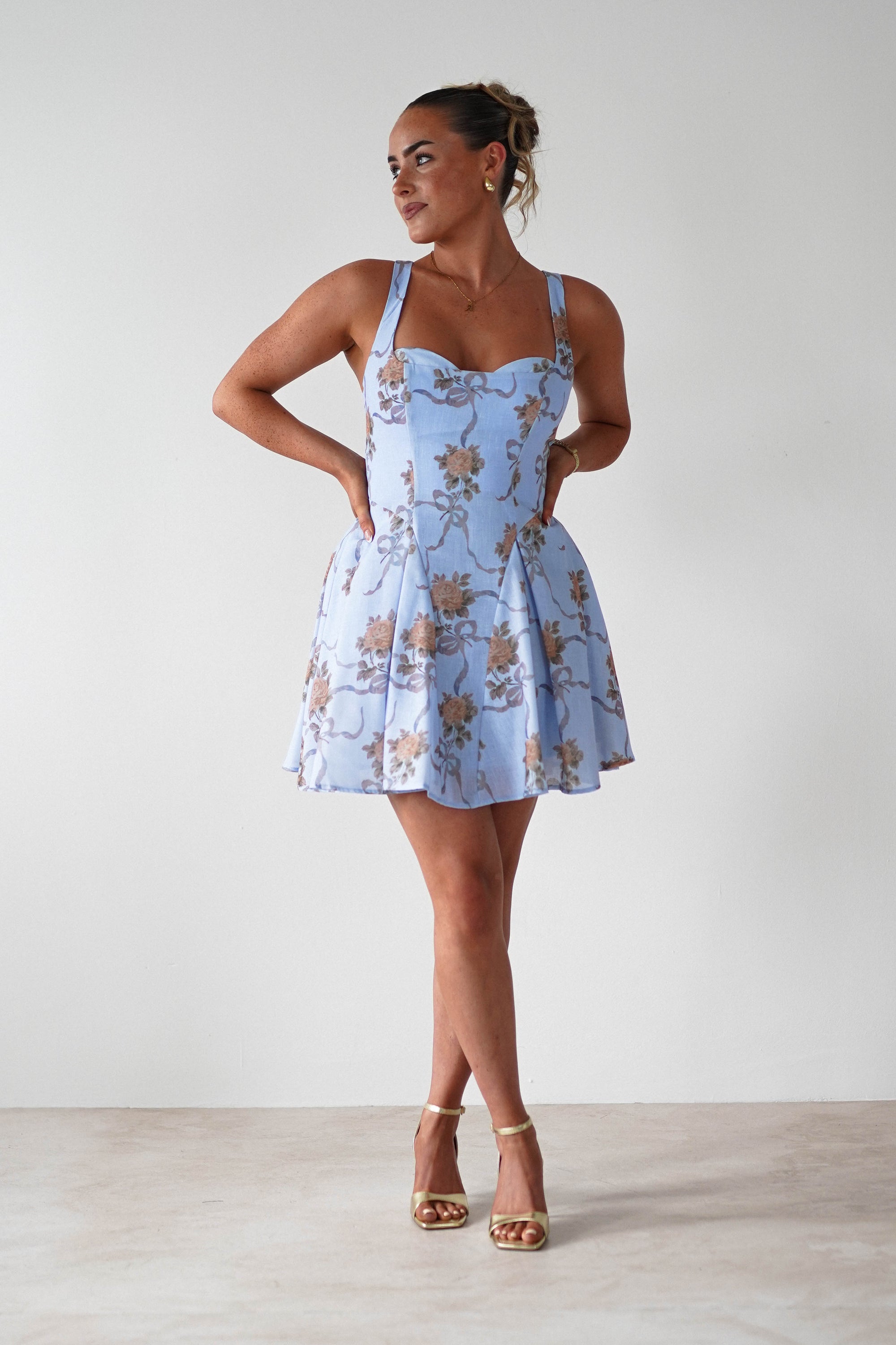 Mariel Floral Print Mini Skater Dress | Blue | Oh Hello Clothing | XS (6)