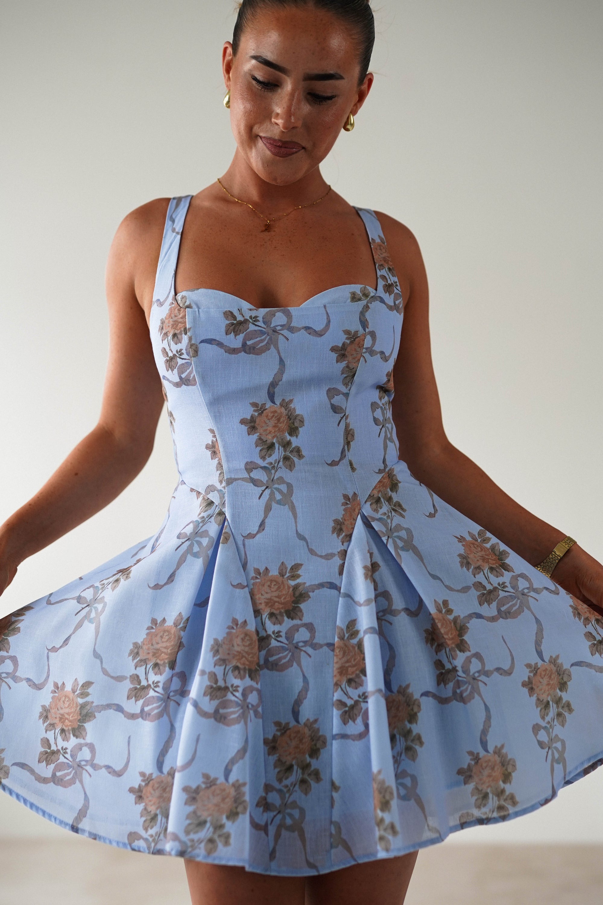 Mariel Floral Print Mini Skater Dress | Blue | Oh Hello Clothing | XS (6)