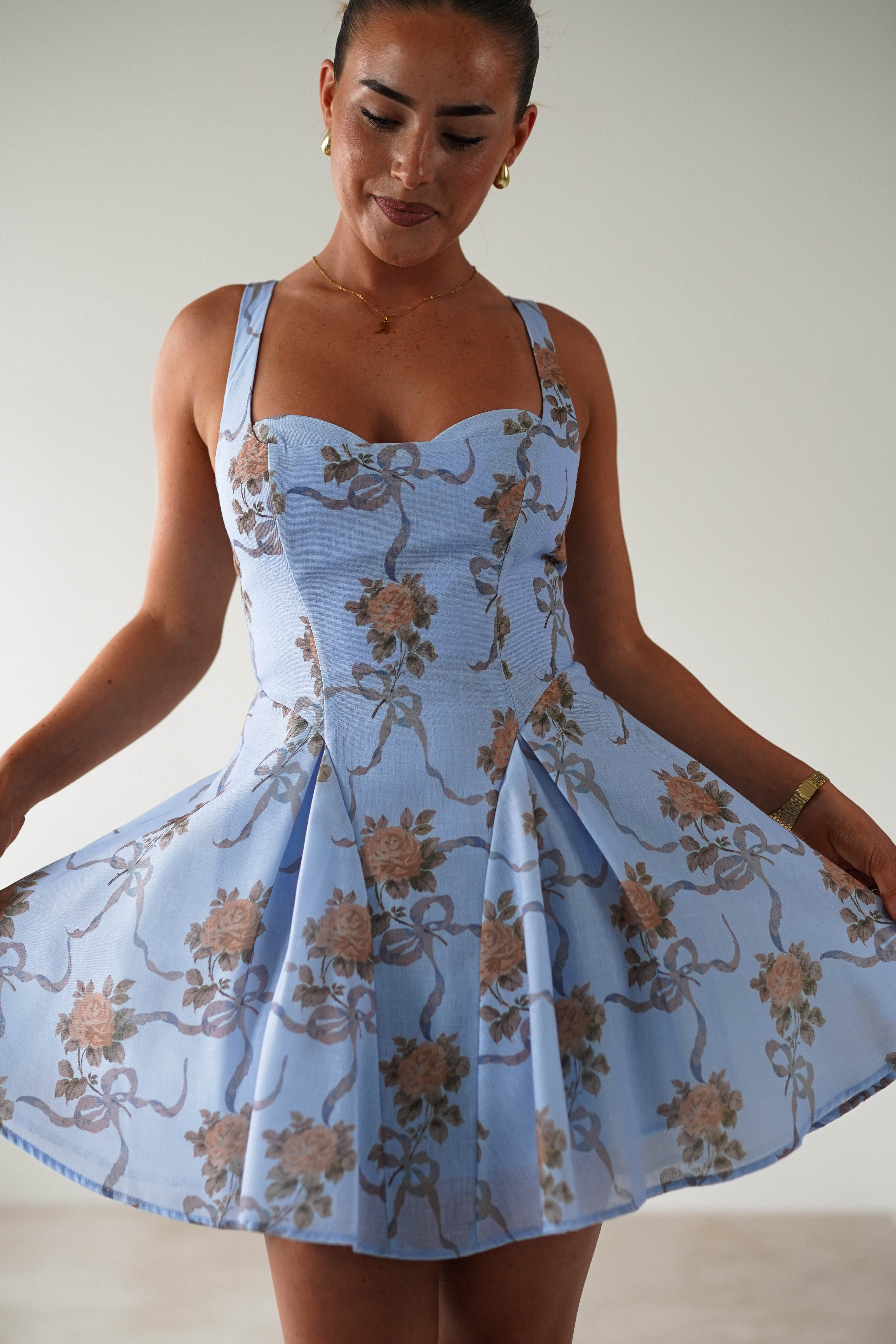 Mariel Floral Print Mini Skater Dress | Blue | Oh Hello Clothing | XS (6)