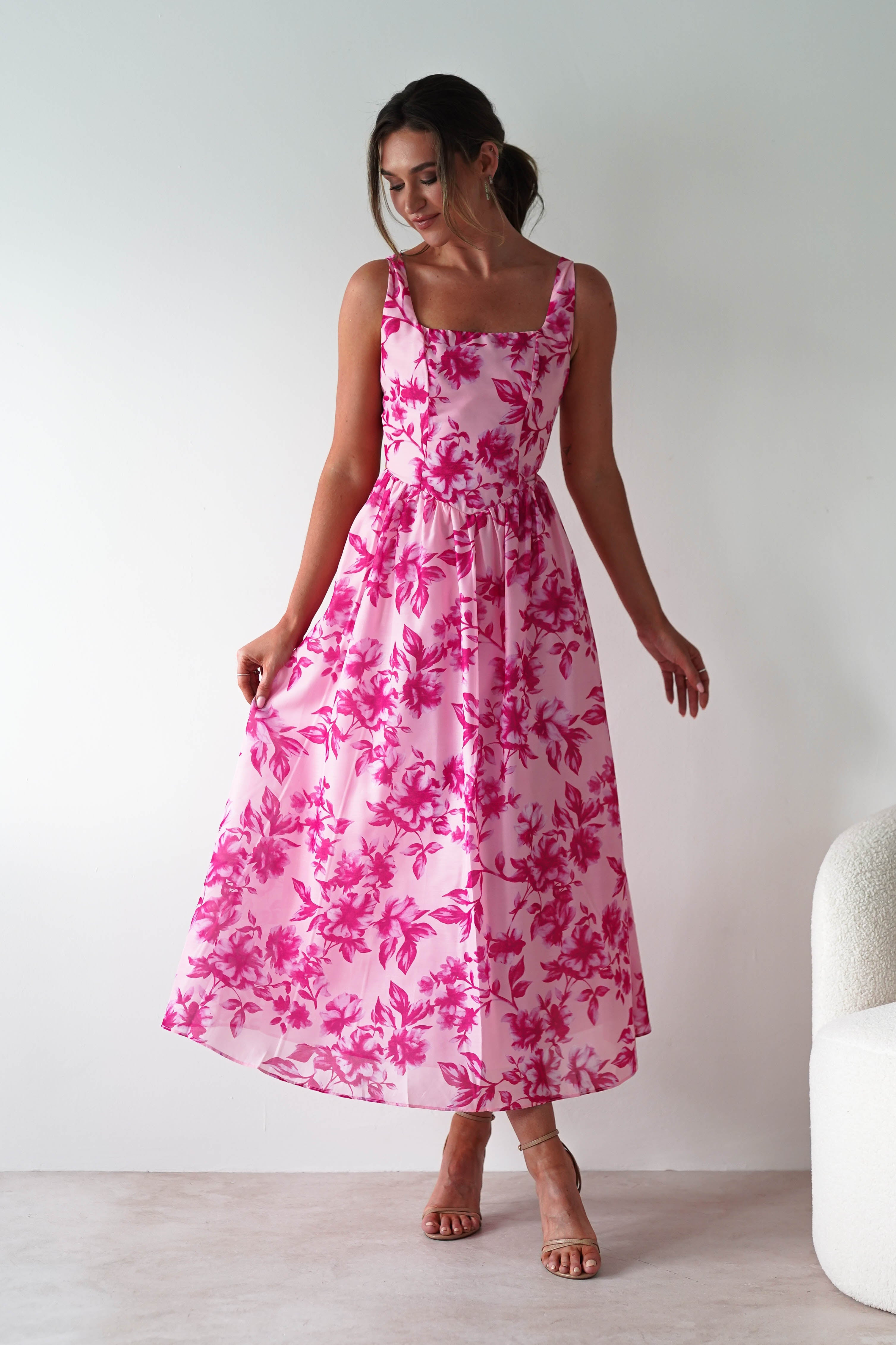 Maisie Floral Skater Maxi Dress | Pink | Oh Hello Clothing | XS (6)