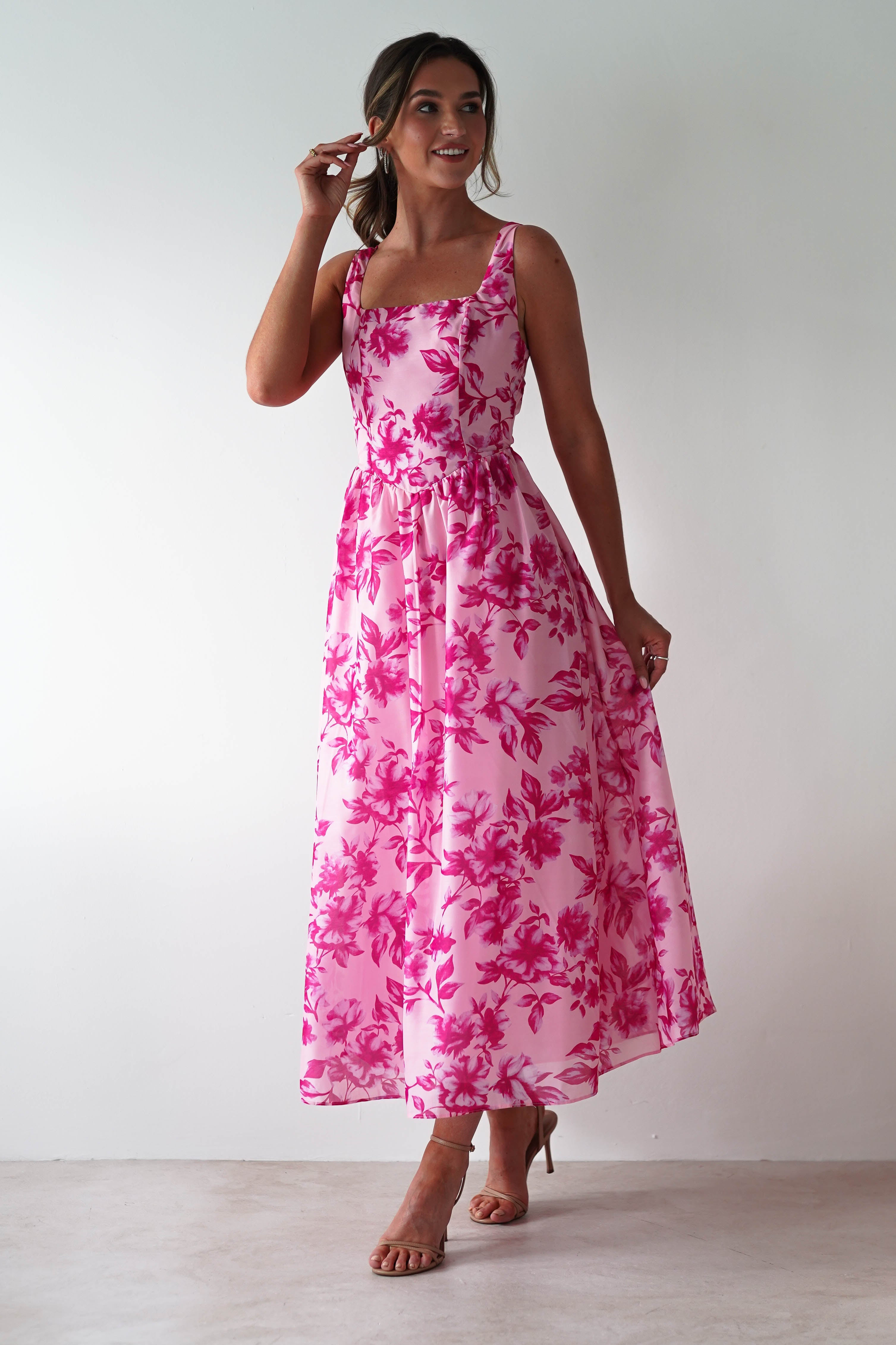 Maisie Floral Skater Maxi Dress | Pink | Oh Hello Clothing | XS (6)