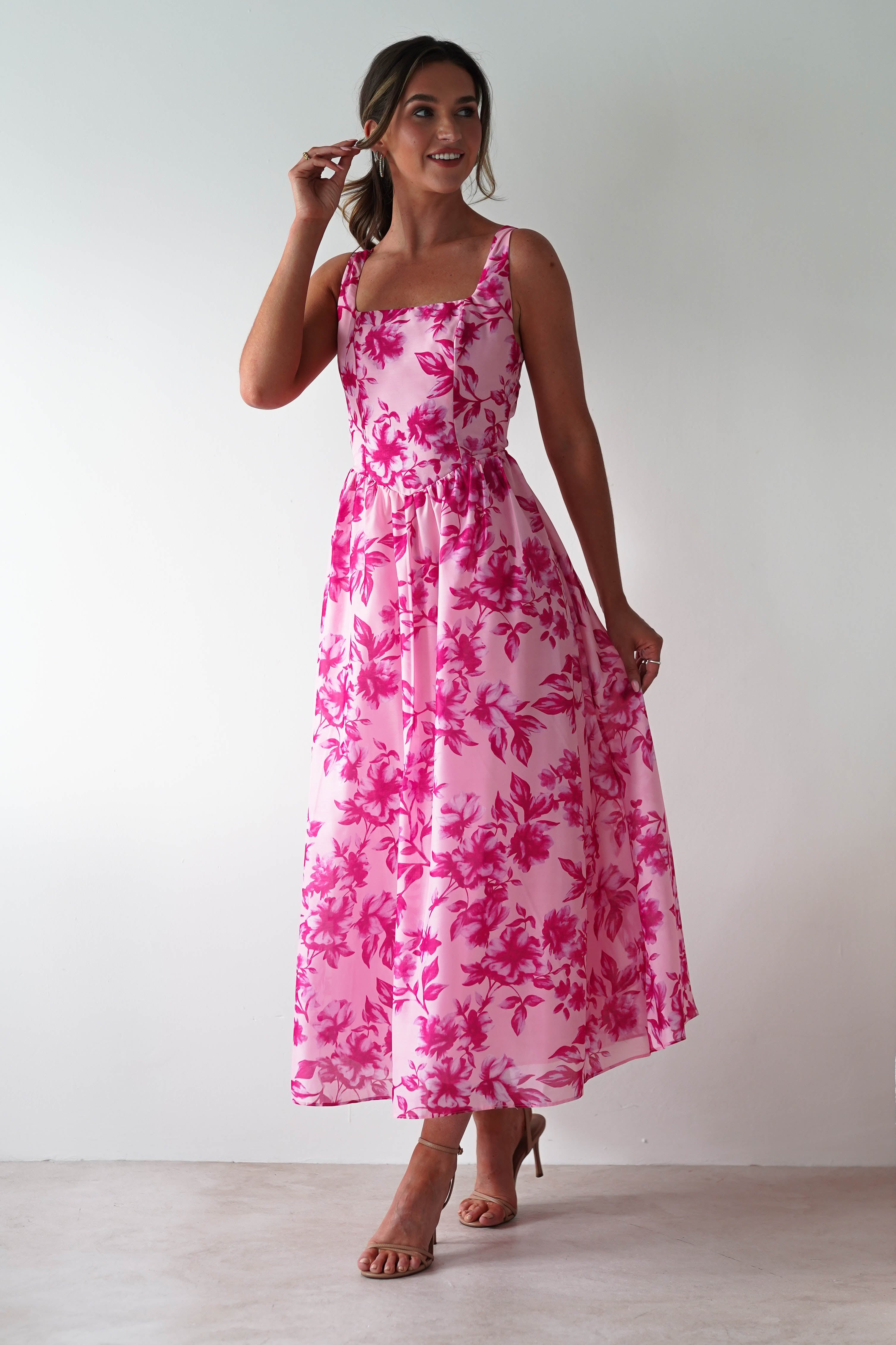 Maisie Floral Skater Maxi Dress | Pink | Oh Hello Clothing | XS (6)