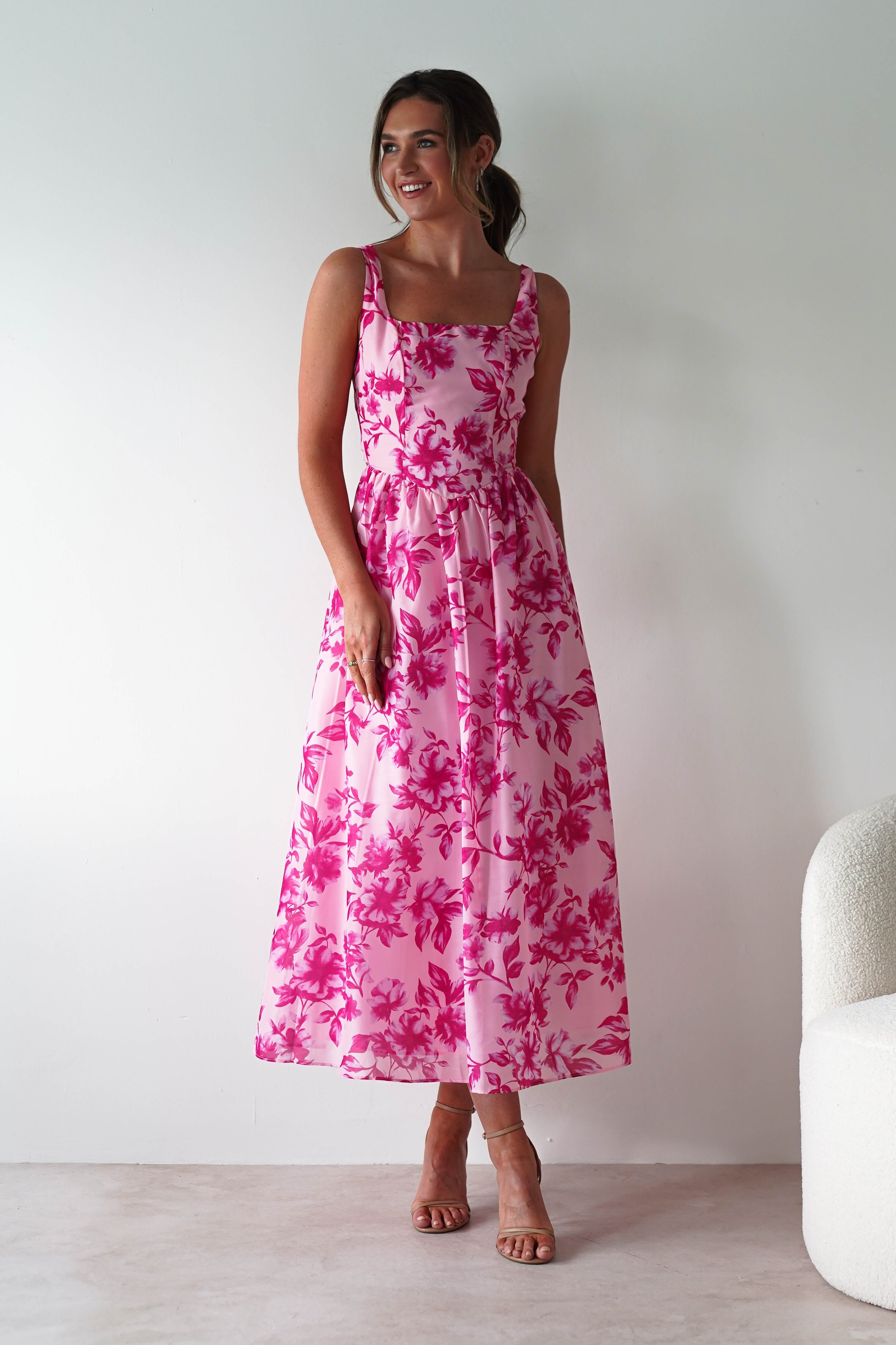 Maisie Floral Skater Maxi Dress | Pink | Oh Hello Clothing | XS (6)