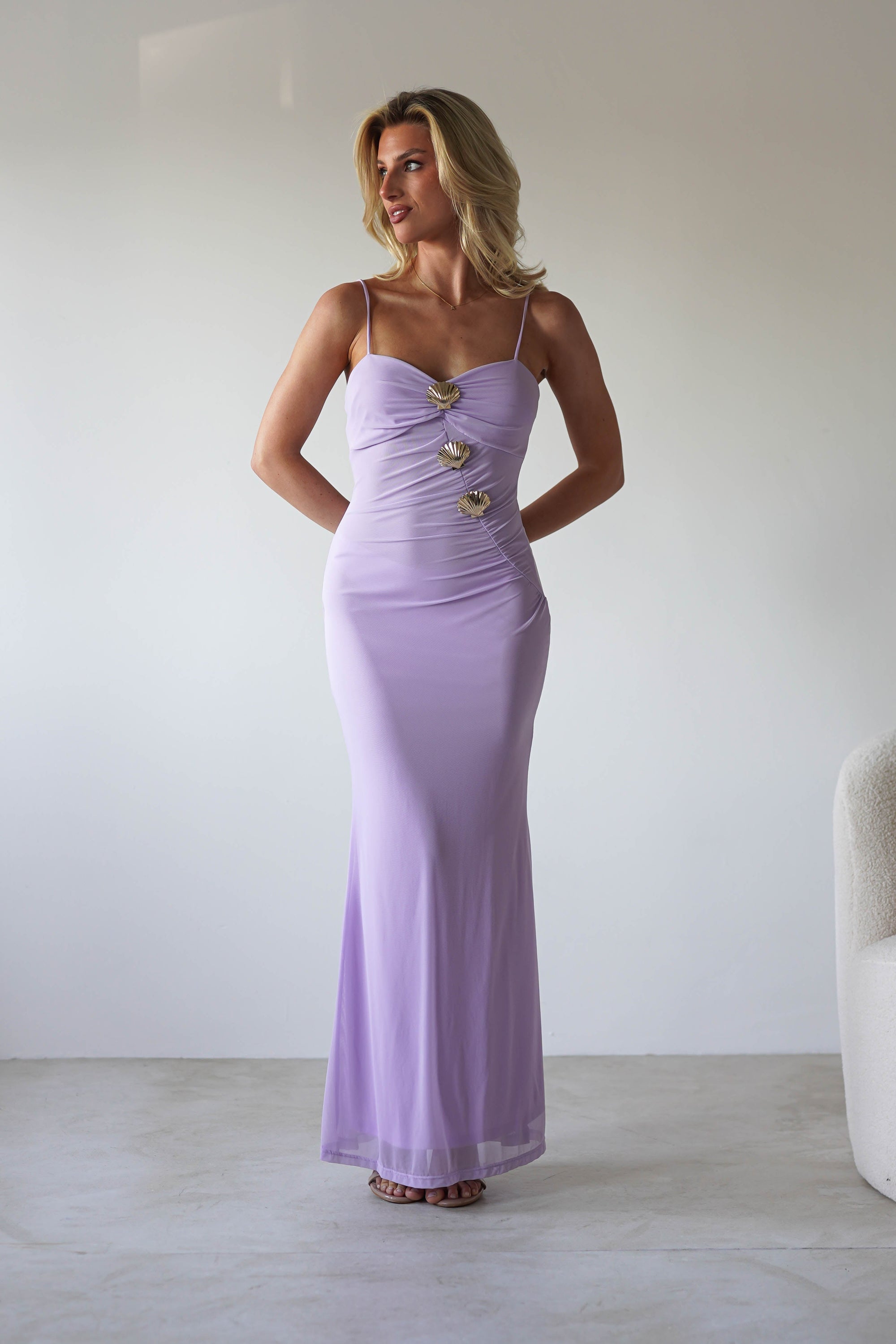 Melrose Mesh Shell Detail Maxi Dress | Lilac | Oh Hello Clothing | XS (6)
