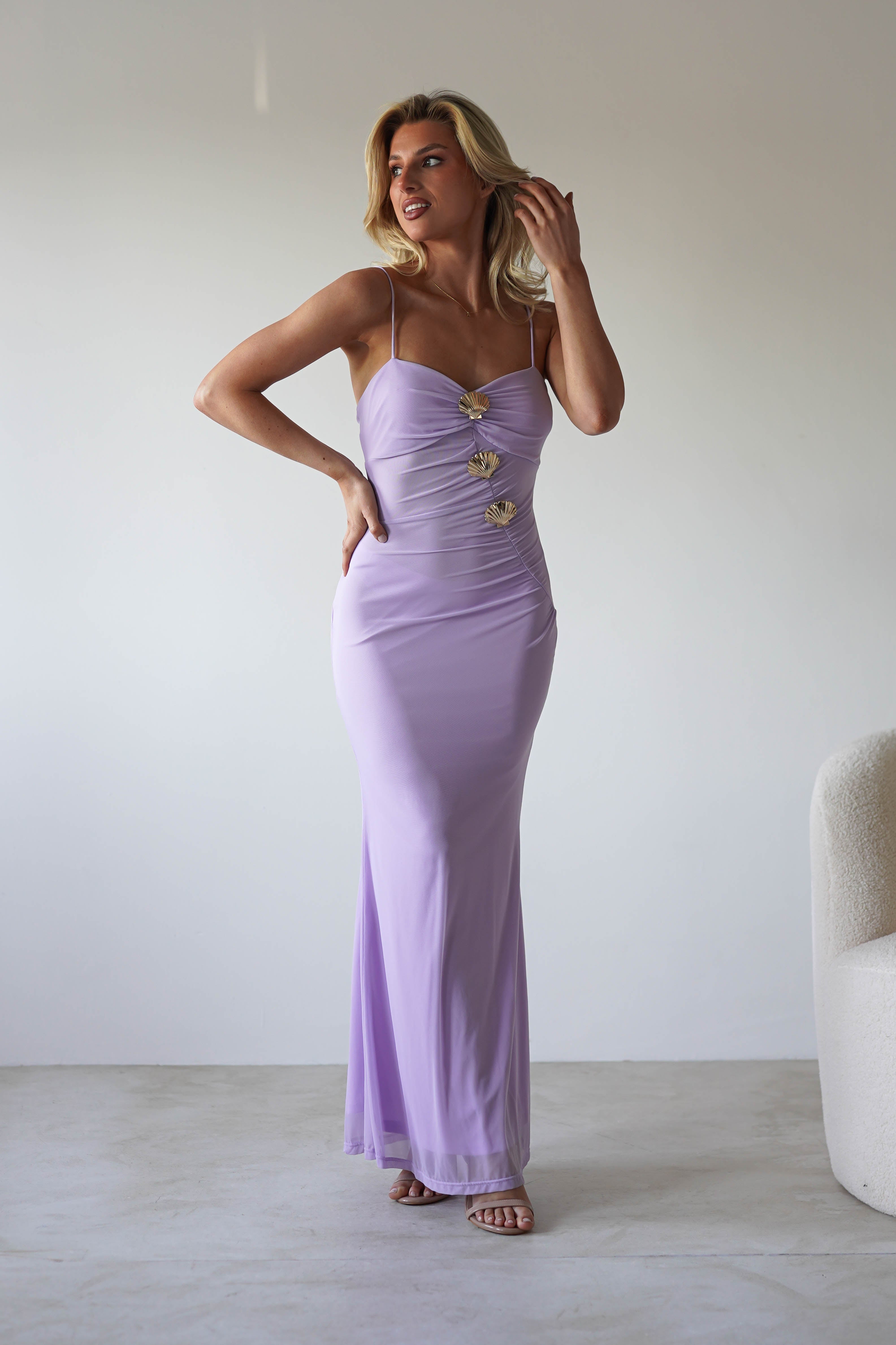 Melrose Mesh Shell Detail Maxi Dress | Lilac | Oh Hello Clothing | XS (6)