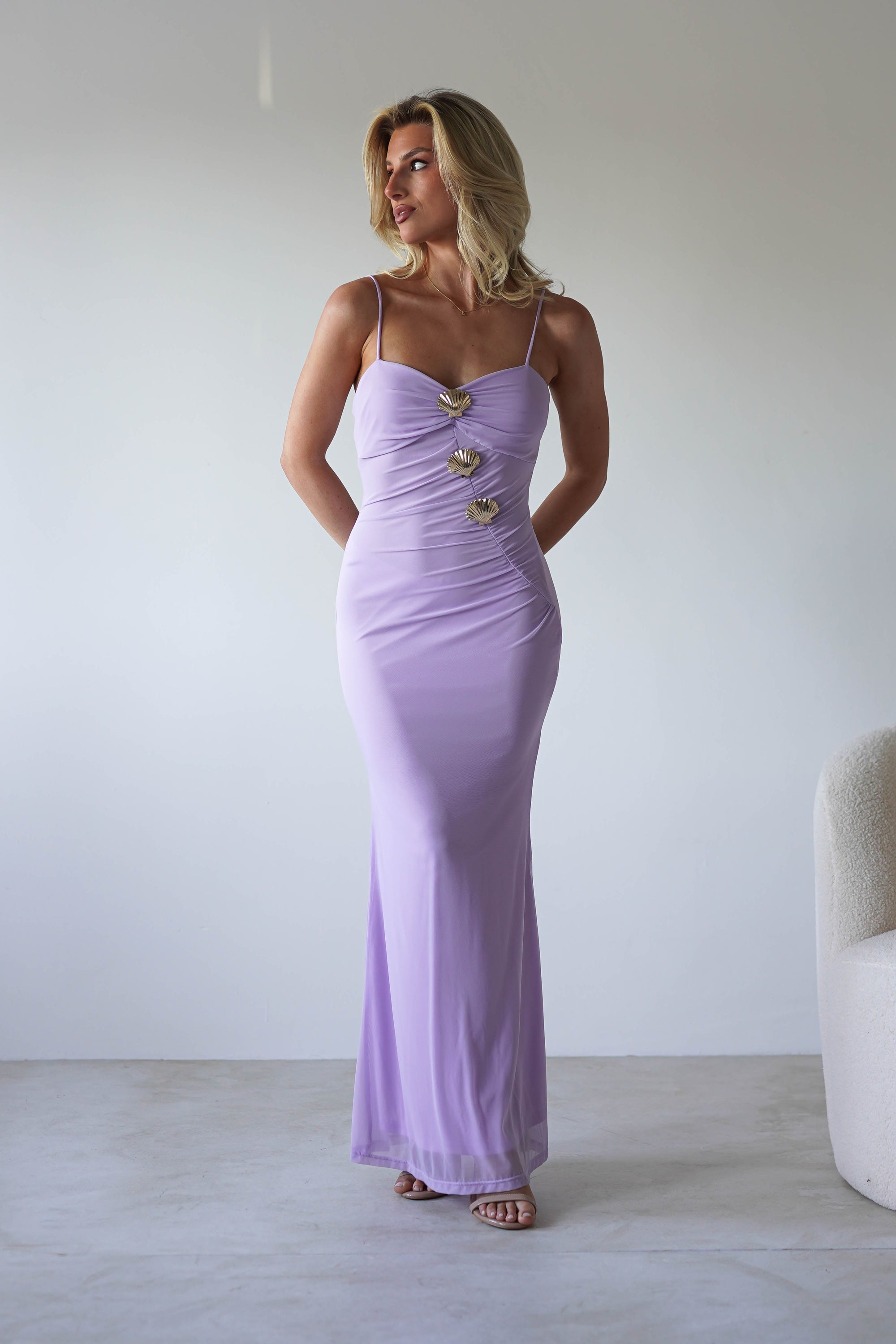 Melrose Mesh Shell Detail Maxi Dress | Lilac | Oh Hello Clothing | XS (6)