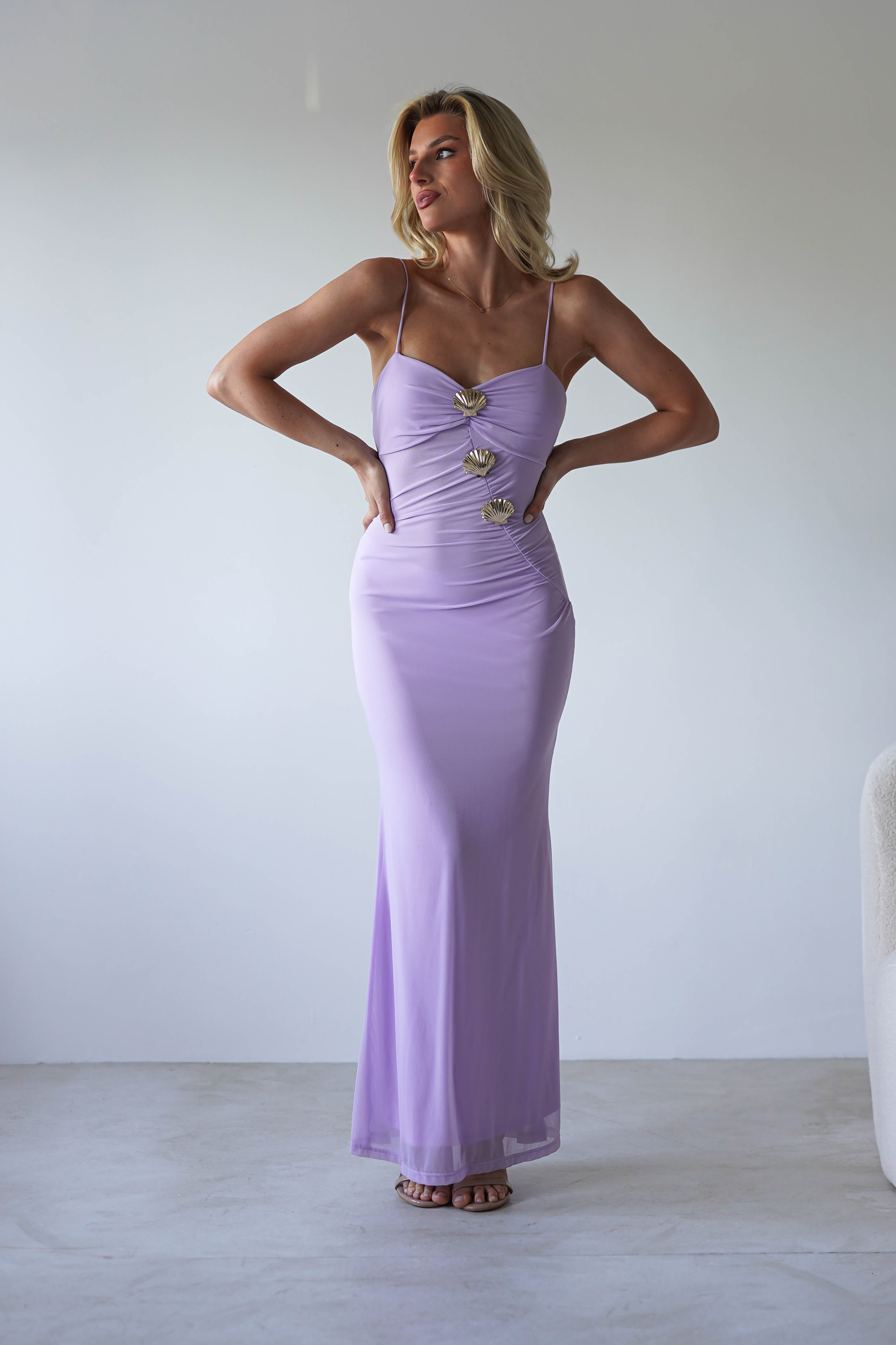Melrose Mesh Shell Detail Maxi Dress | Lilac | Oh Hello Clothing | XS (6)
