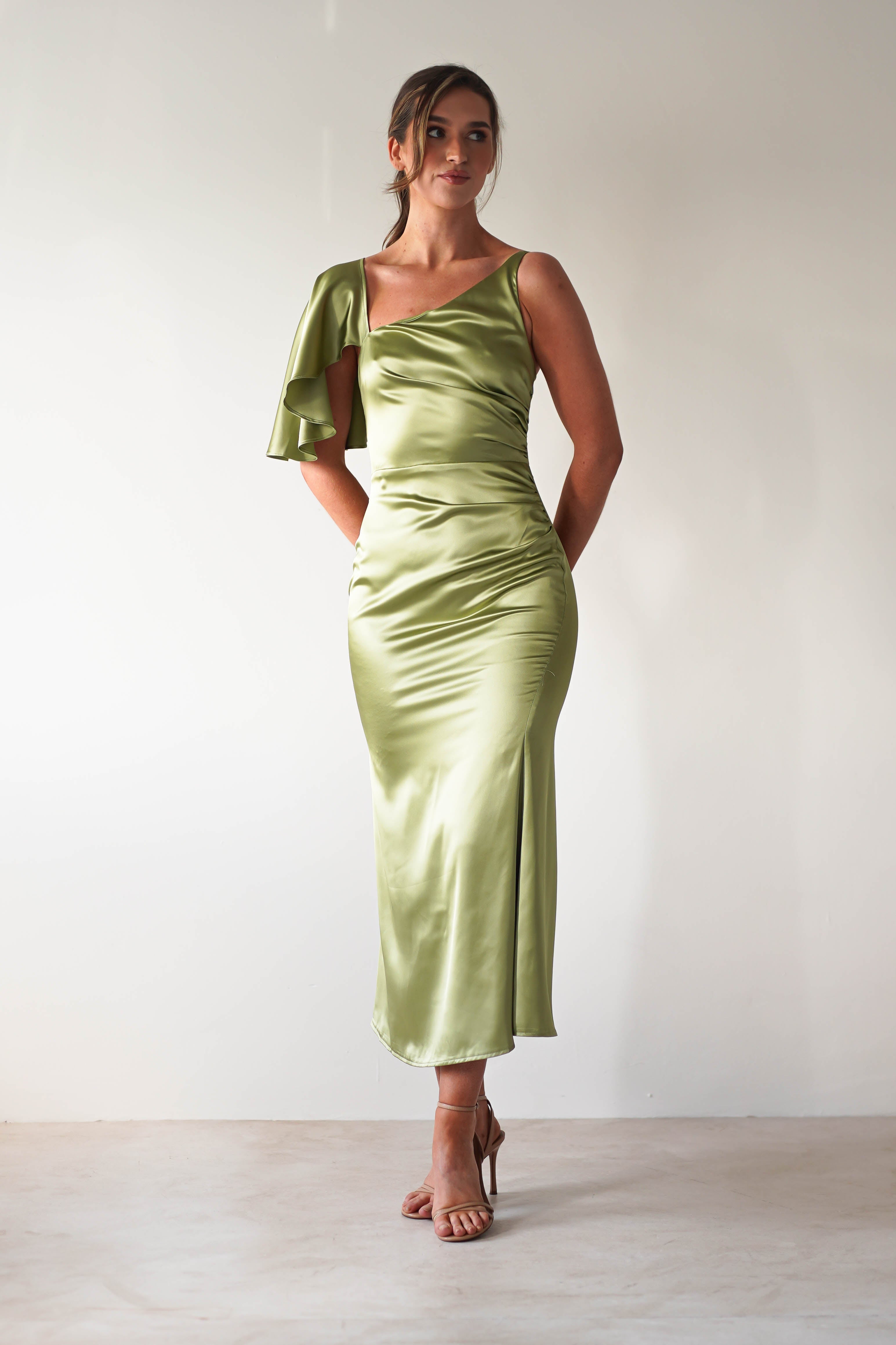 Esme Satin Midaxi Dress | Lime Green - Oh Hello Clothing