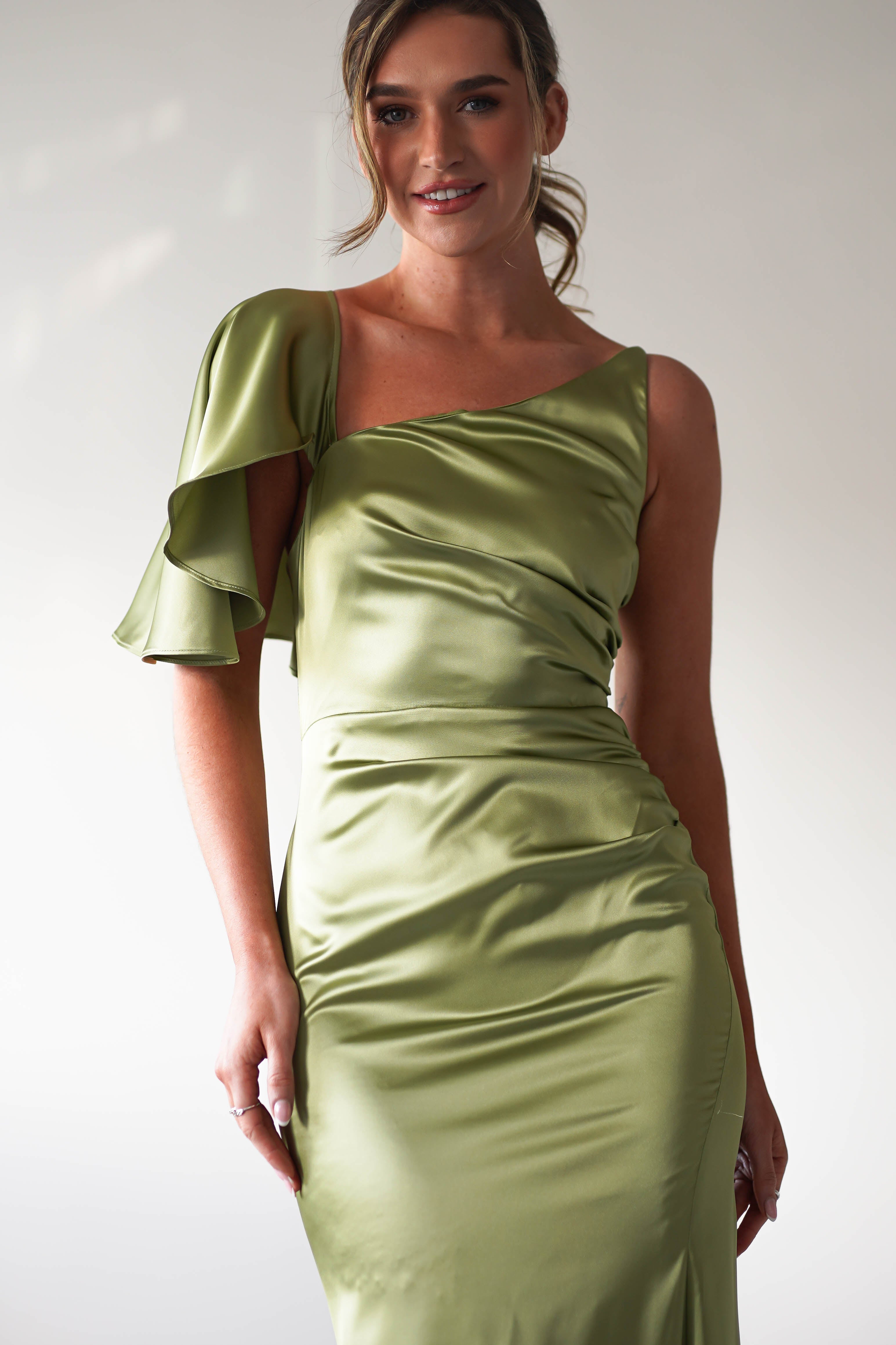 Esme Satin Midaxi Dress | Lime Green - Oh Hello Clothing