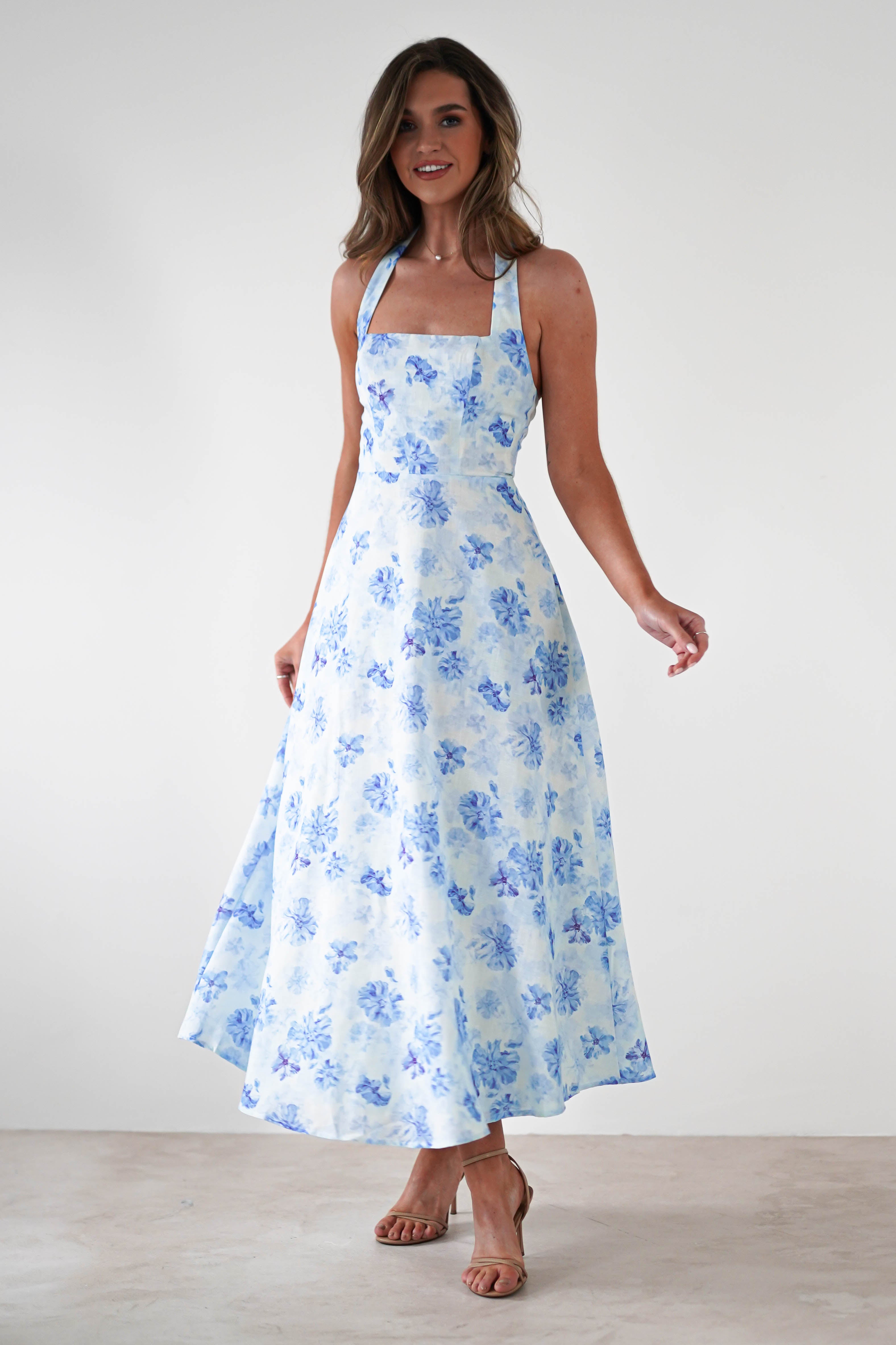 Suzette Floral Skater Maxi Dress | Blue/White - Oh Hello Clothing