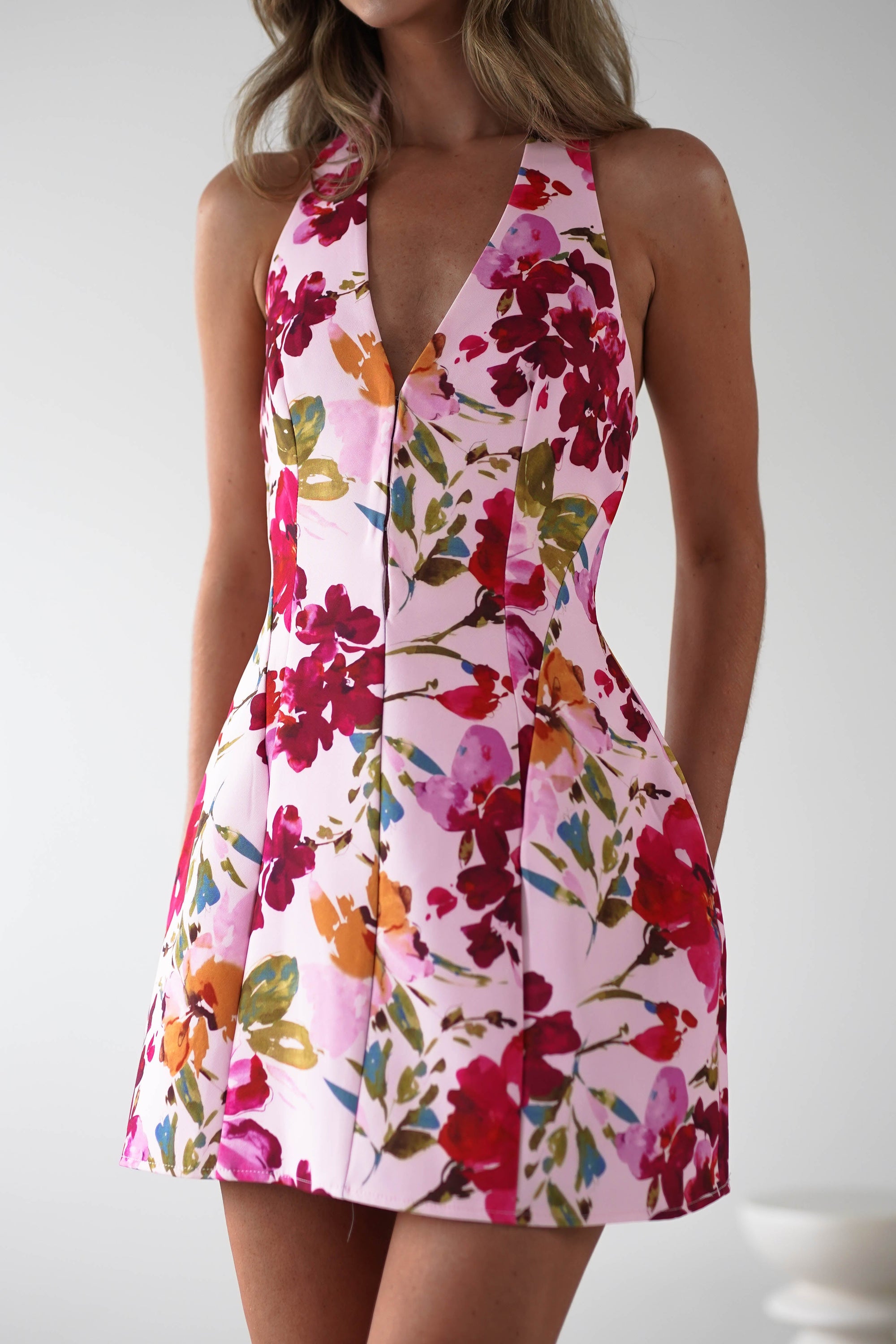 Juliet Halter Neck Floral Mini Dress | Pink | Oh Hello Clothing | XS (6)