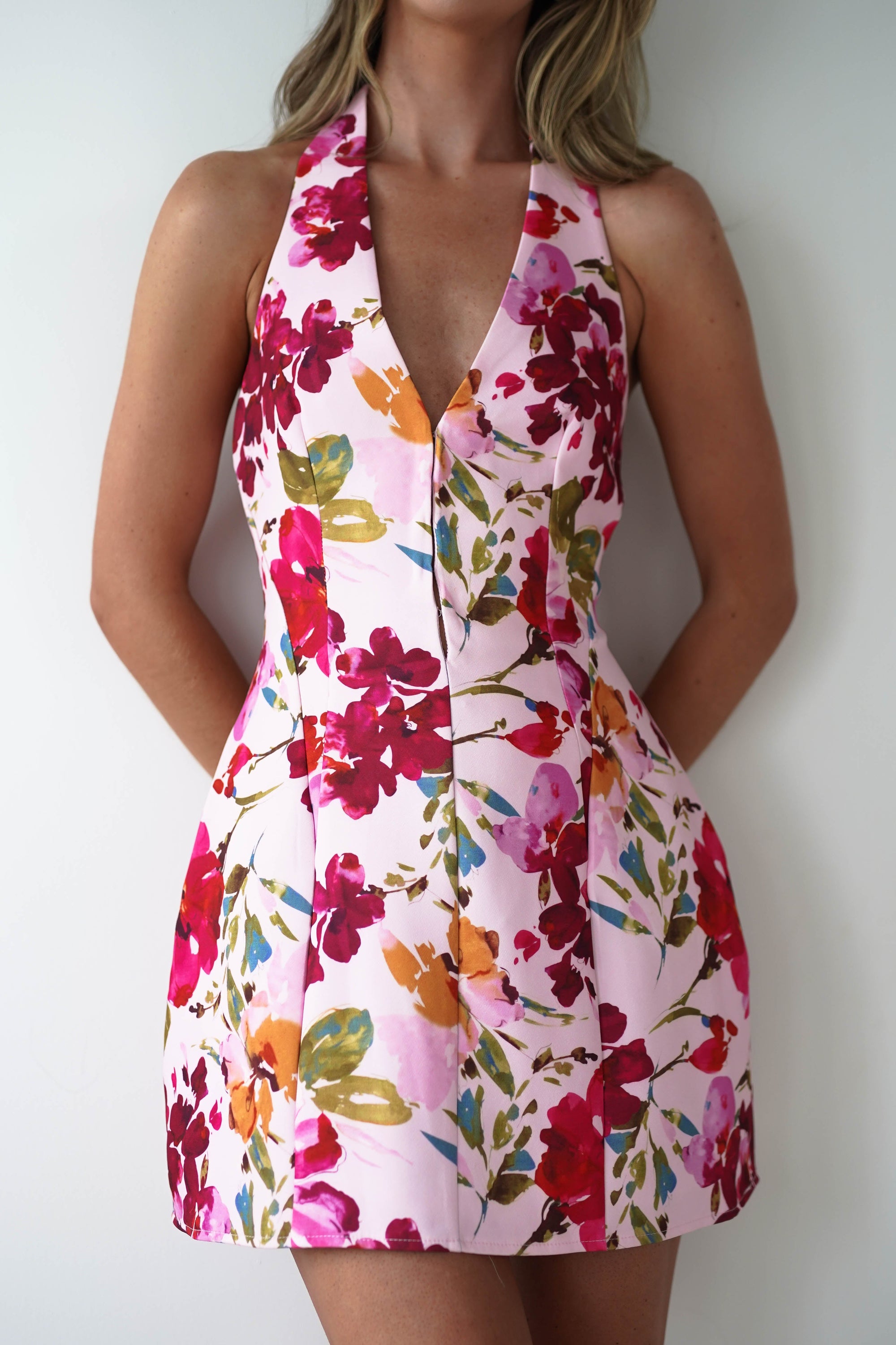 Juliet Halter Neck Floral Mini Dress | Pink | Oh Hello Clothing | XS (6)