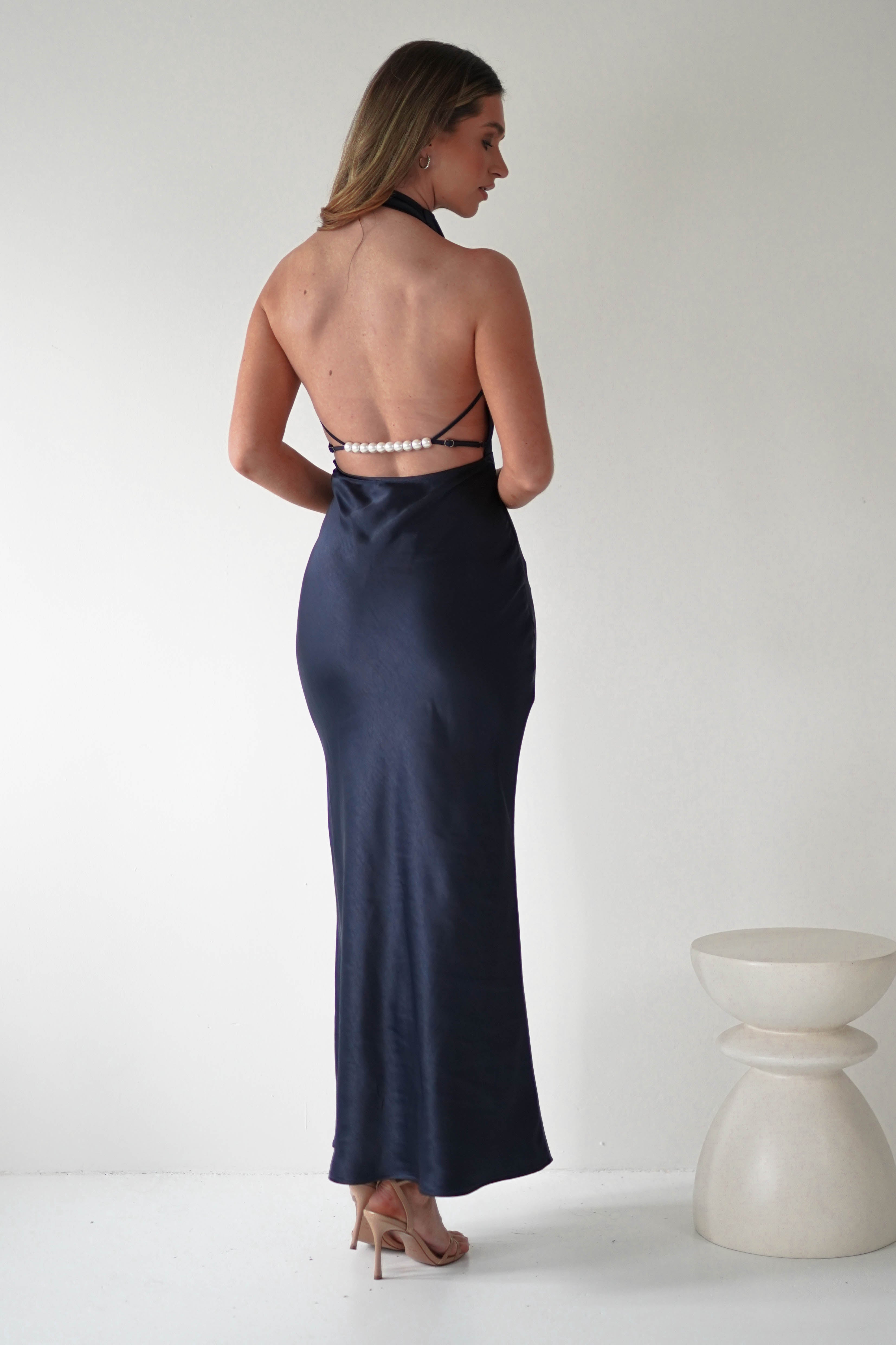 Capriana Pearl Back Maxi Dress | Navy | Oh Hello Clothing | XS (6)