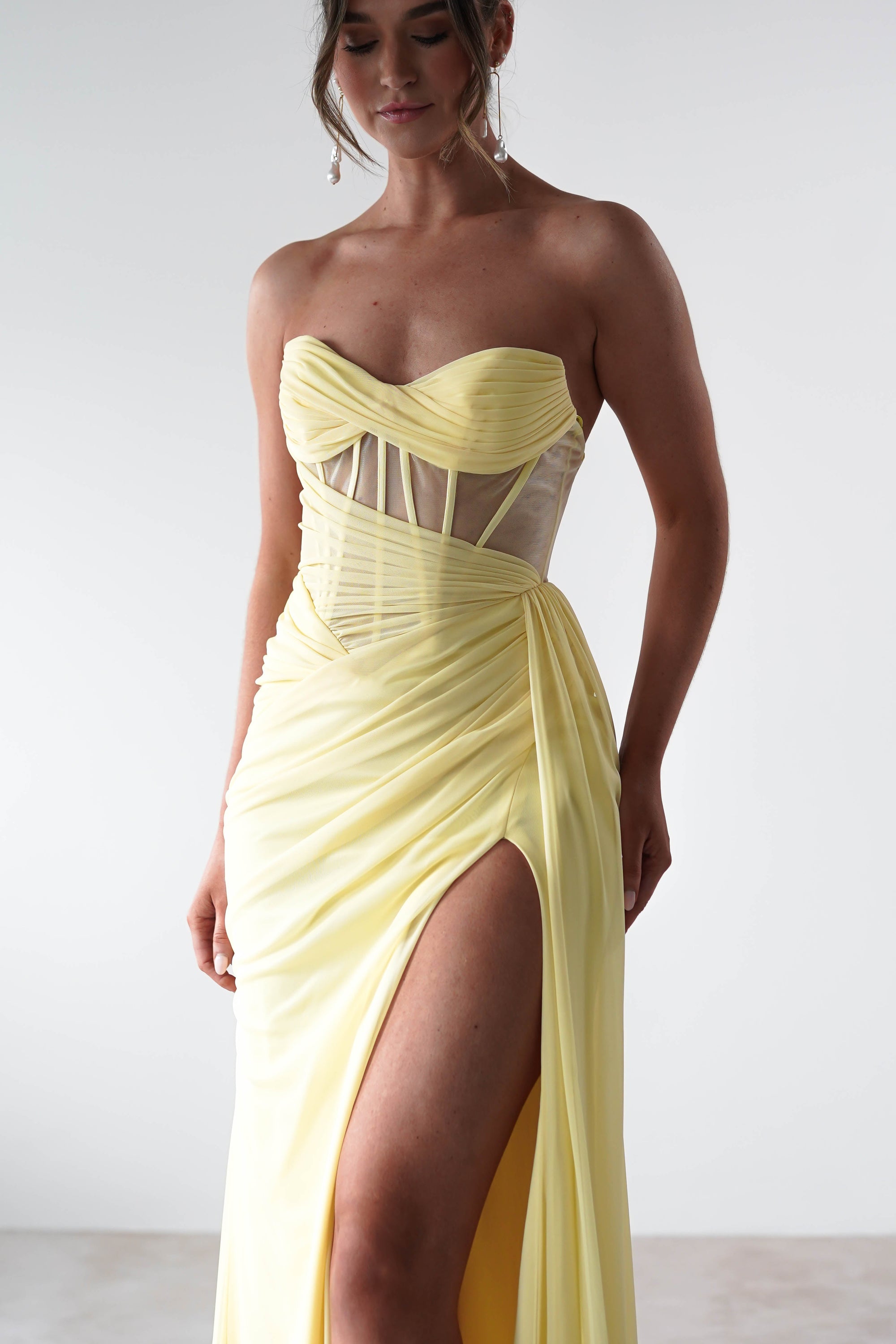 Robyn Draped Fitted Stapless Gown | Yellow | Oh Hello Clothing | XS (6)