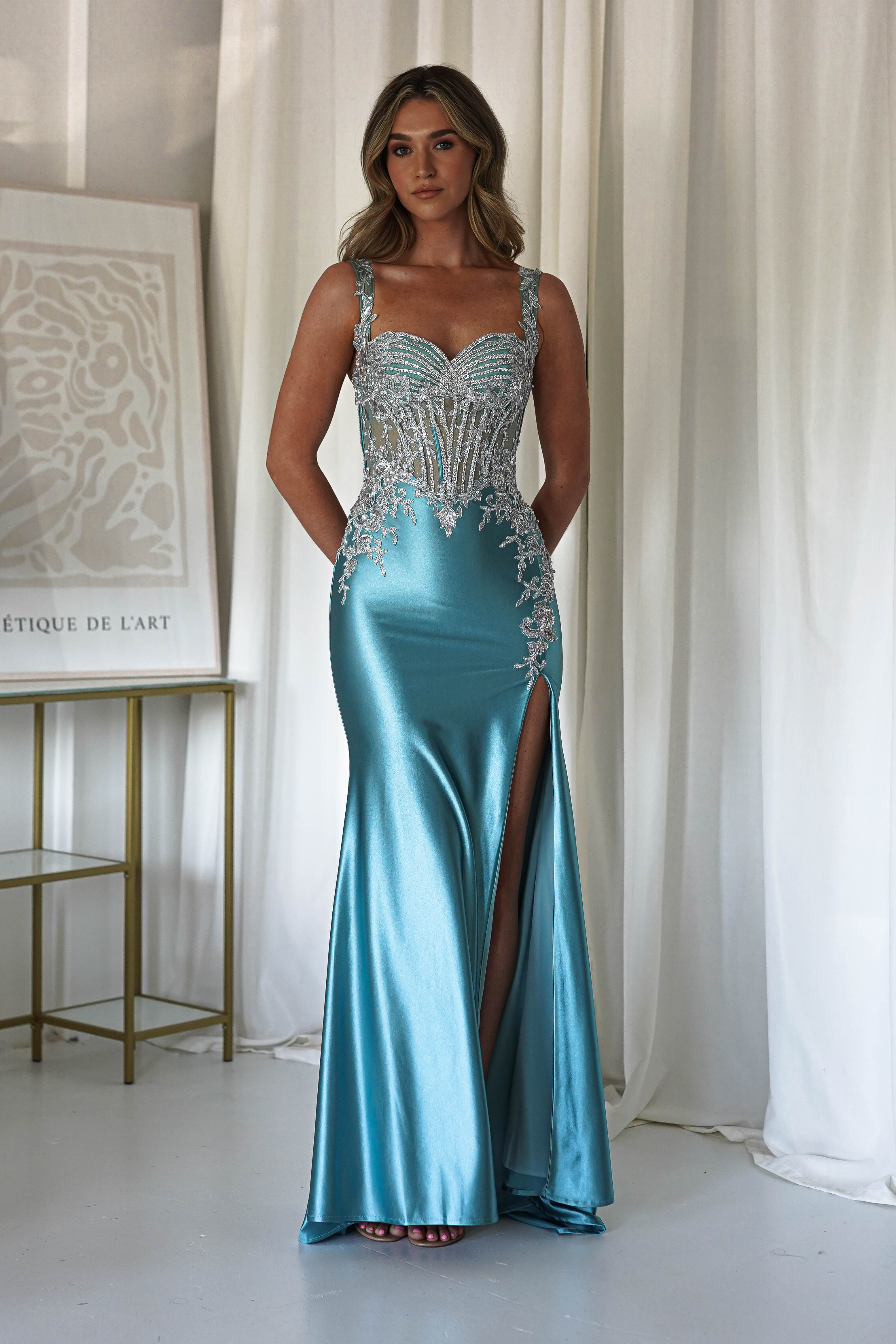 Rhodes Embellished Bodycon Gown | Robin Blue