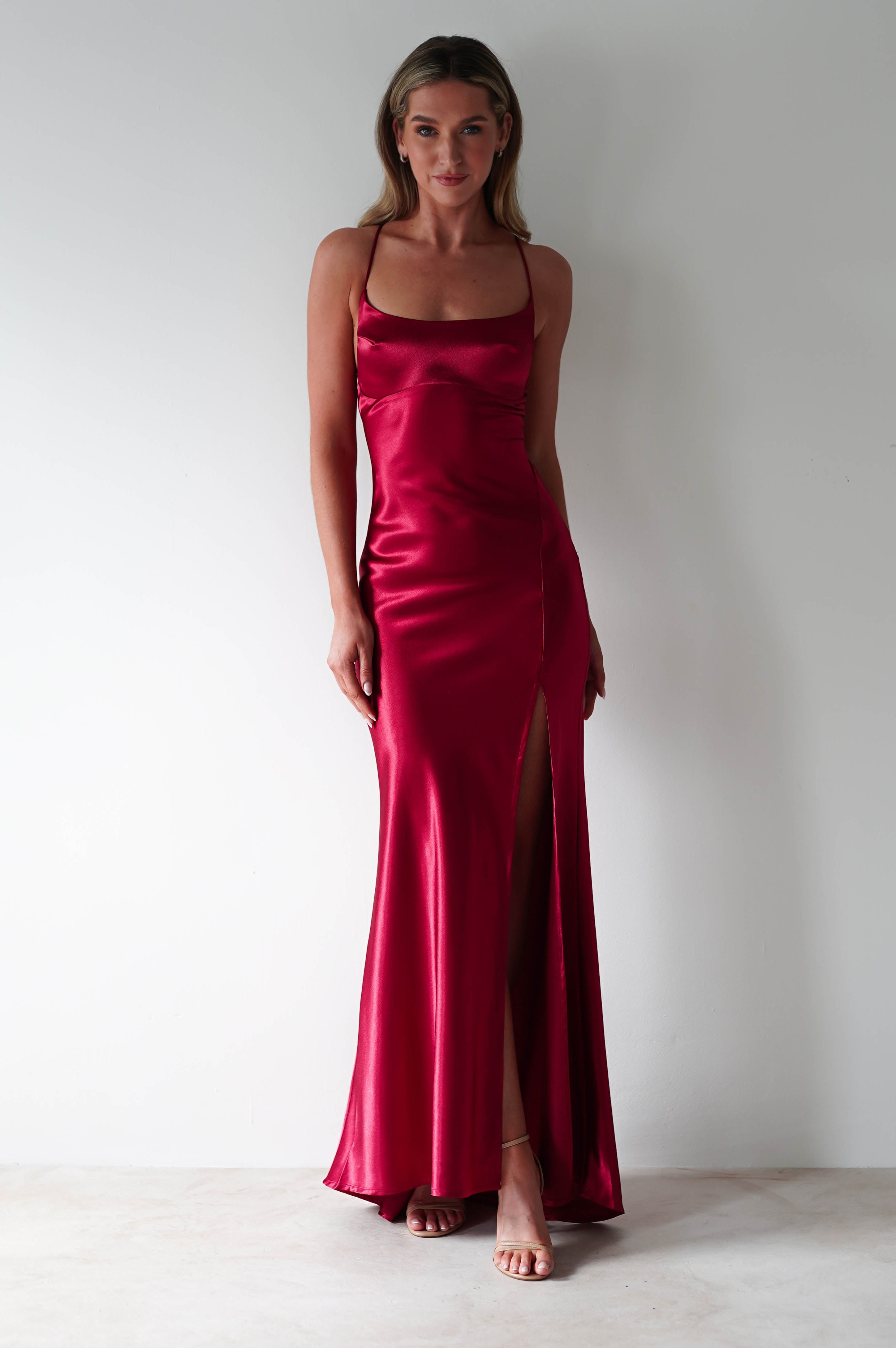Celinee Satin Maxi Gown | Red - Oh Hello Clothing