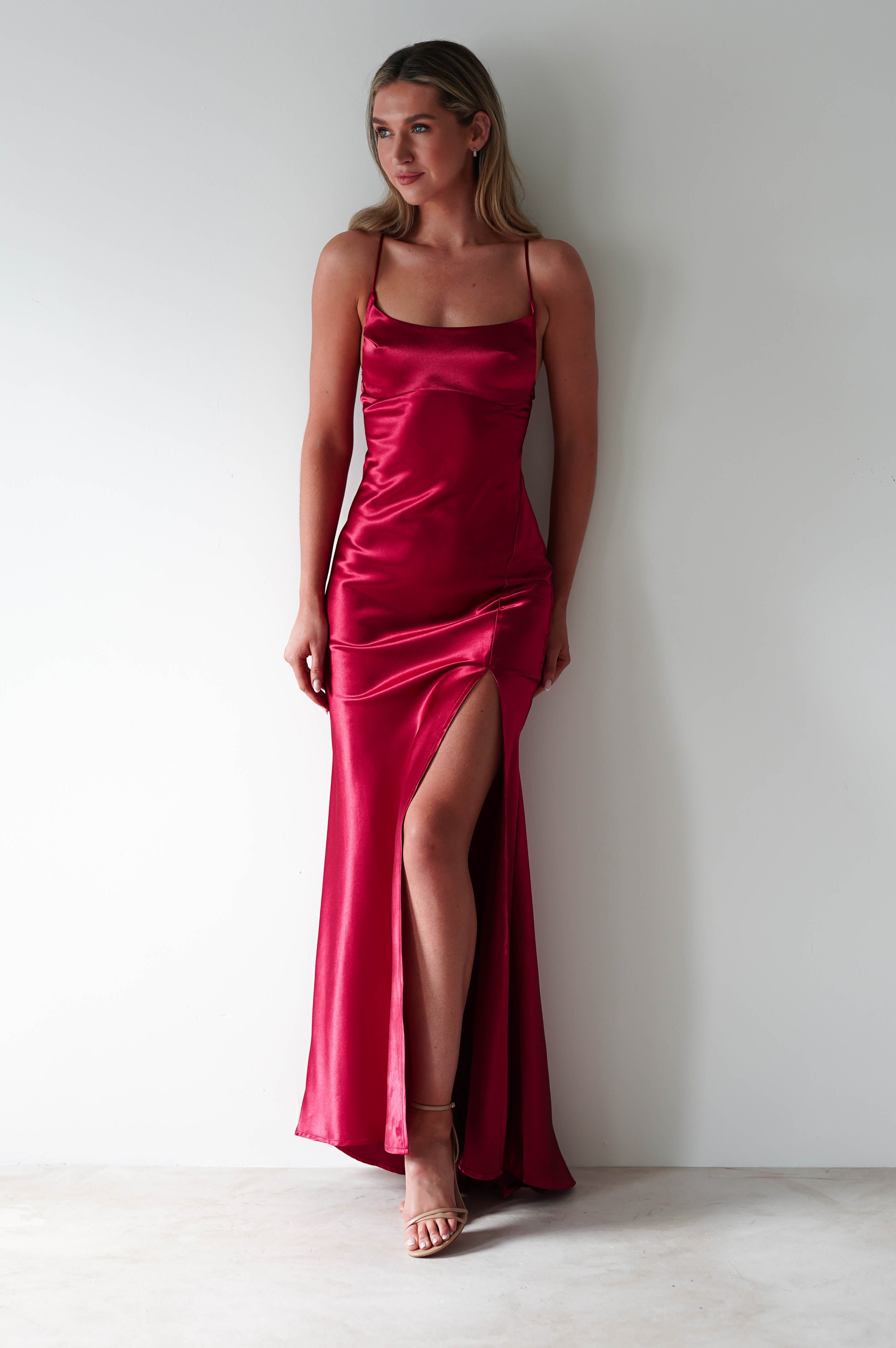 Celinee Satin Maxi Gown | Red - Oh Hello Clothing