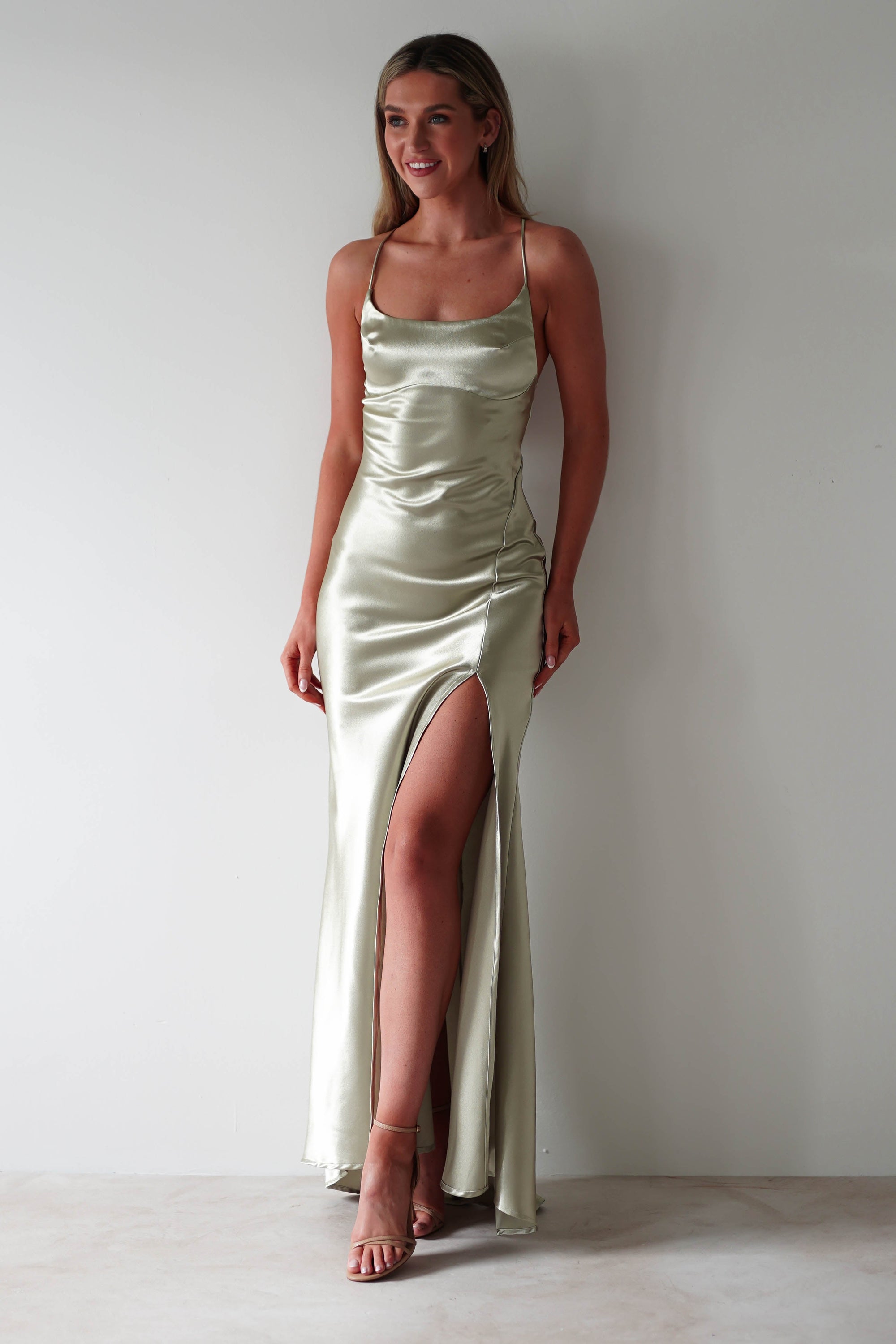 Celinee Satin Maxi Gown | Sage - Oh Hello Clothing