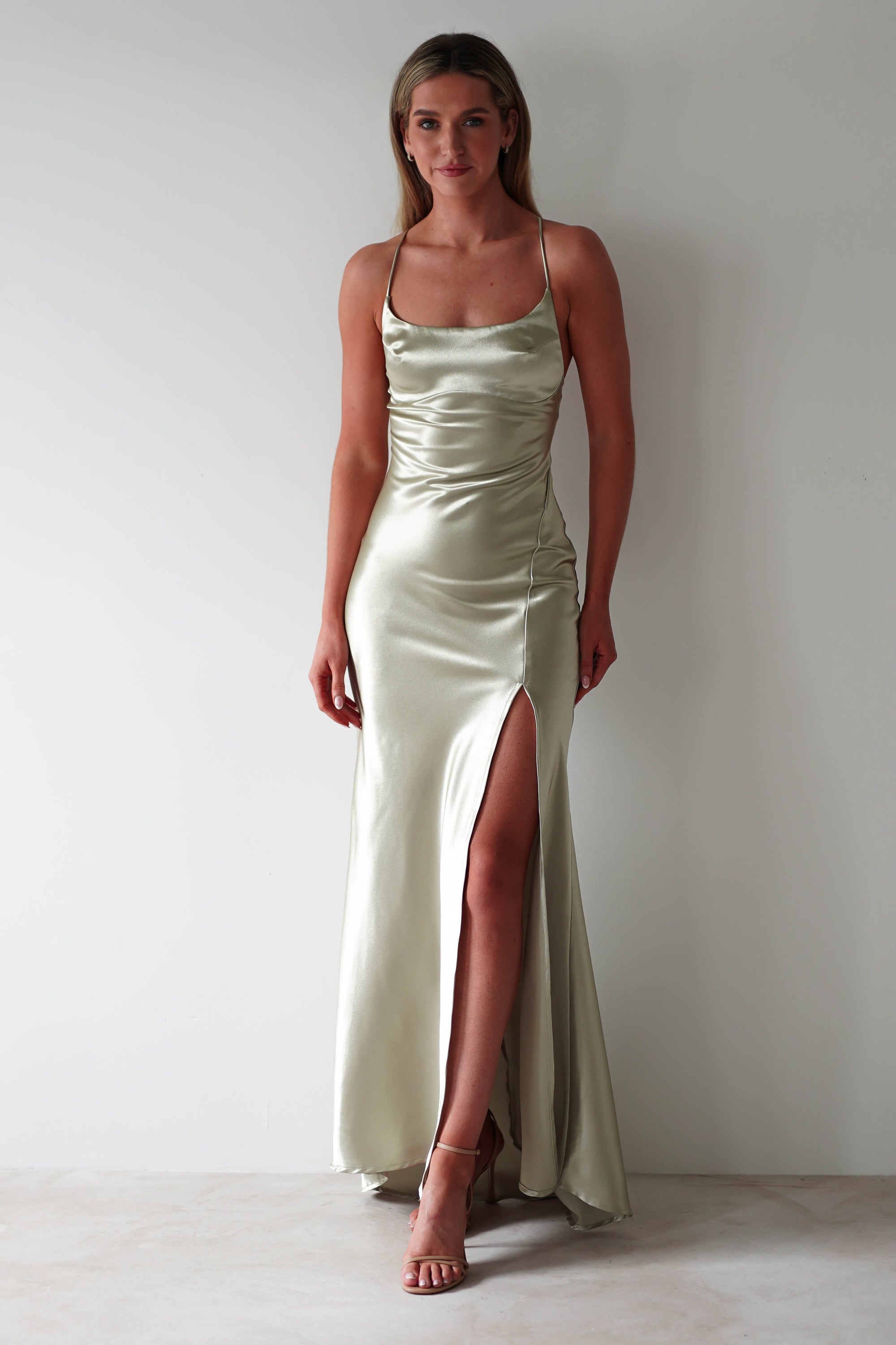 Celinee Satin Maxi Gown | Sage - Oh Hello Clothing