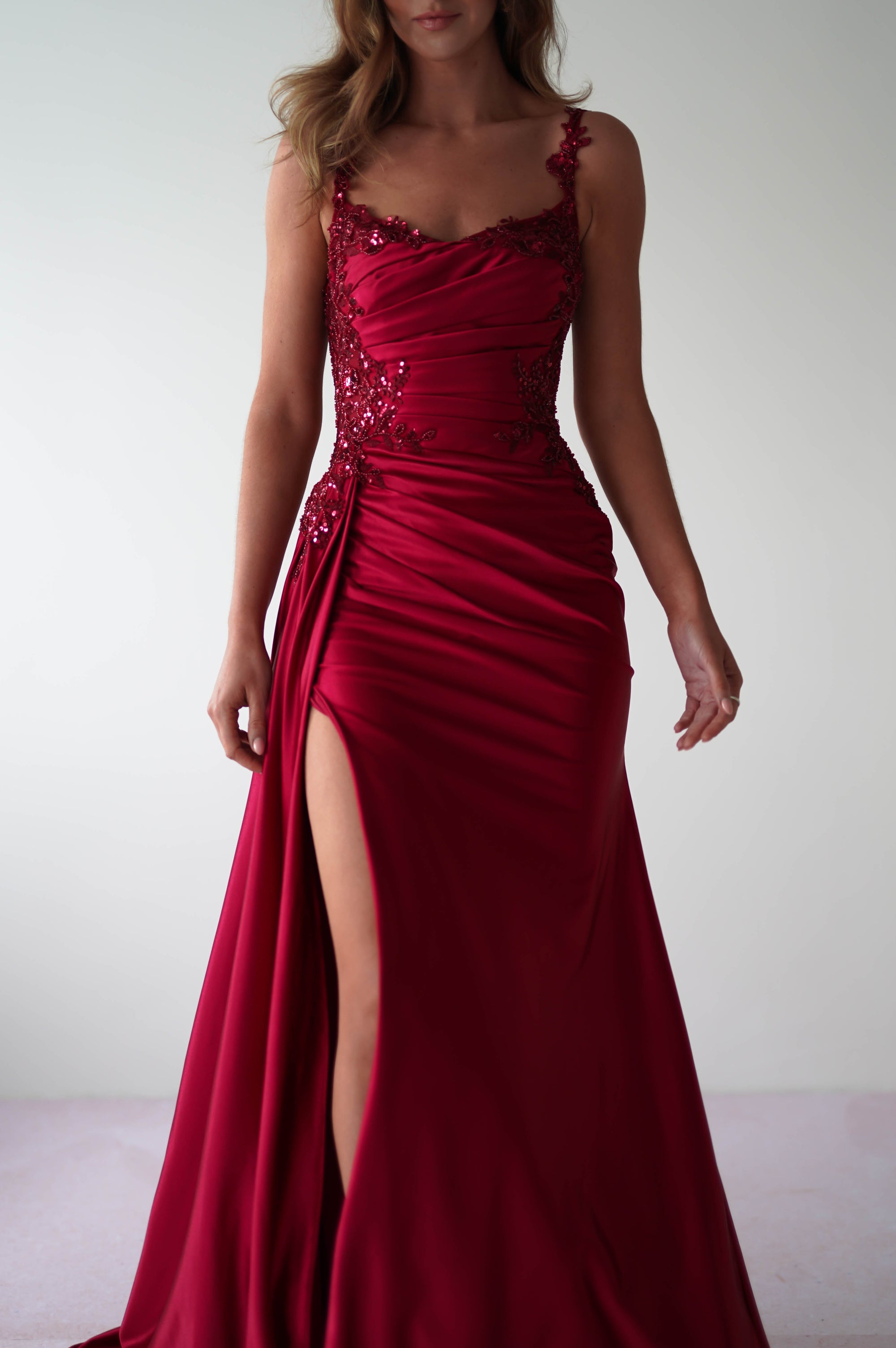Cindy Pleated Bodice Gown | Burgundy - Oh Hello Clothing