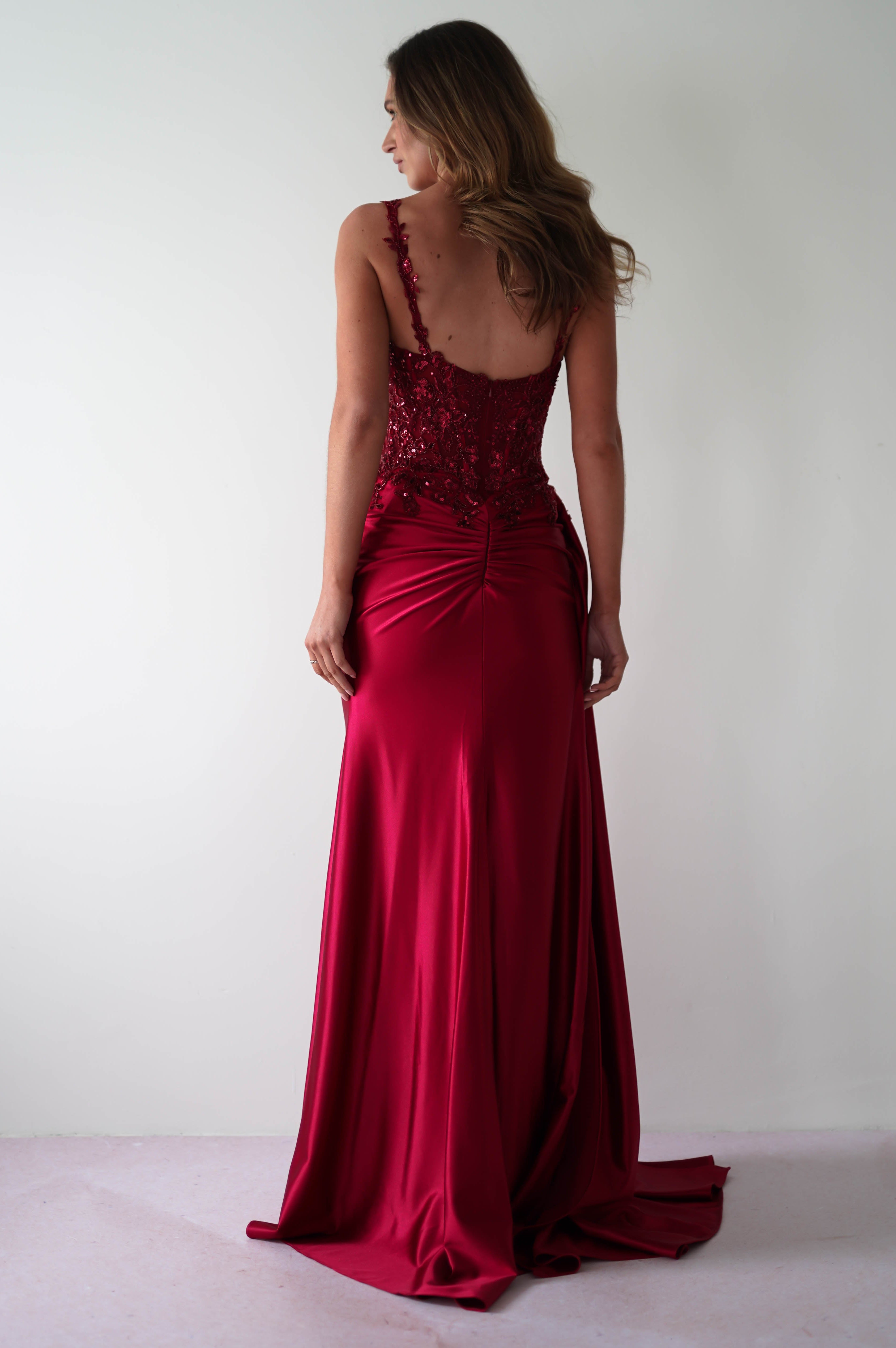 Cindy Pleated Bodice Gown | Burgundy - Oh Hello Clothing