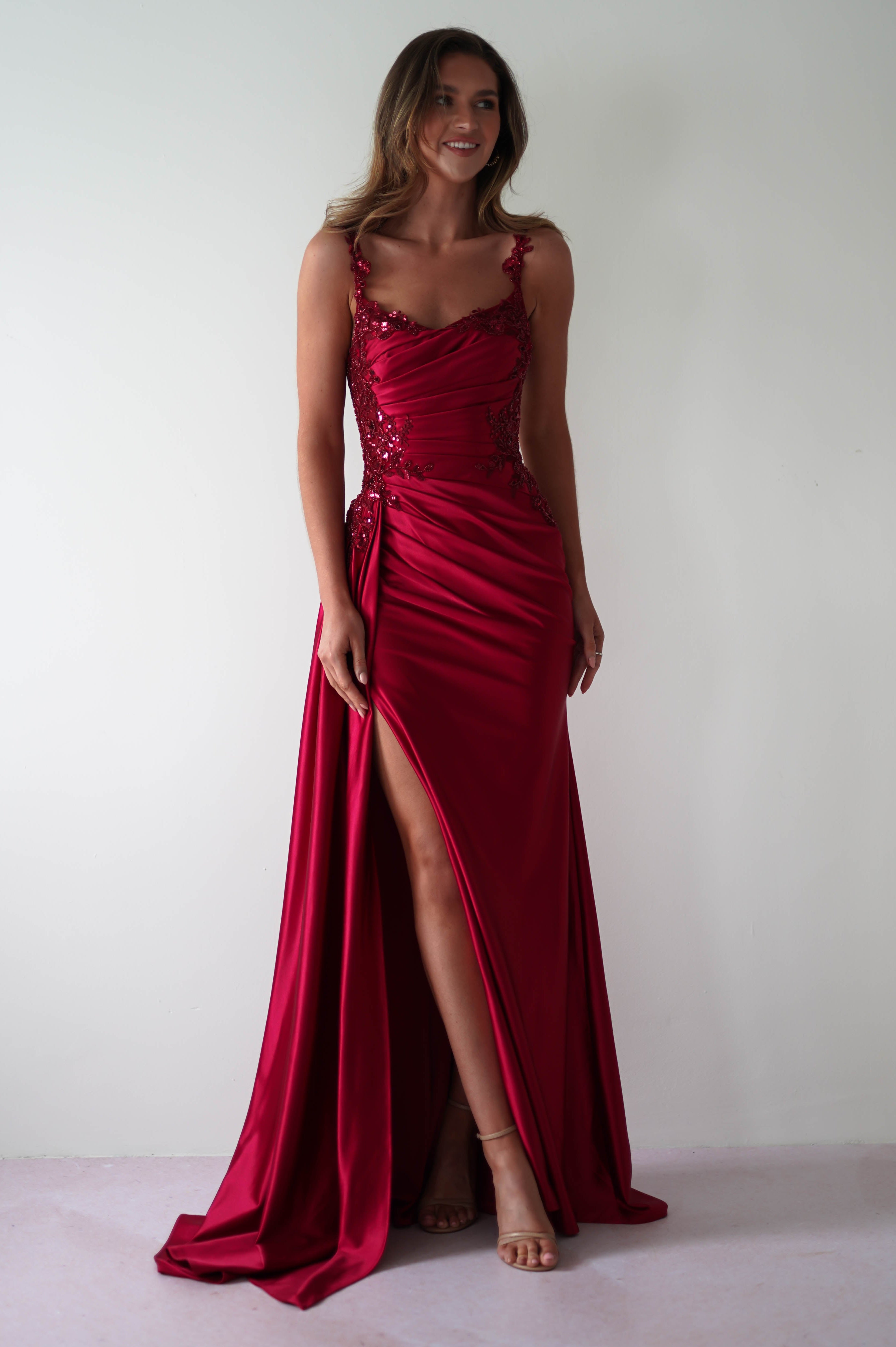 Cindy Pleated Bodice Gown | Burgundy - Oh Hello Clothing