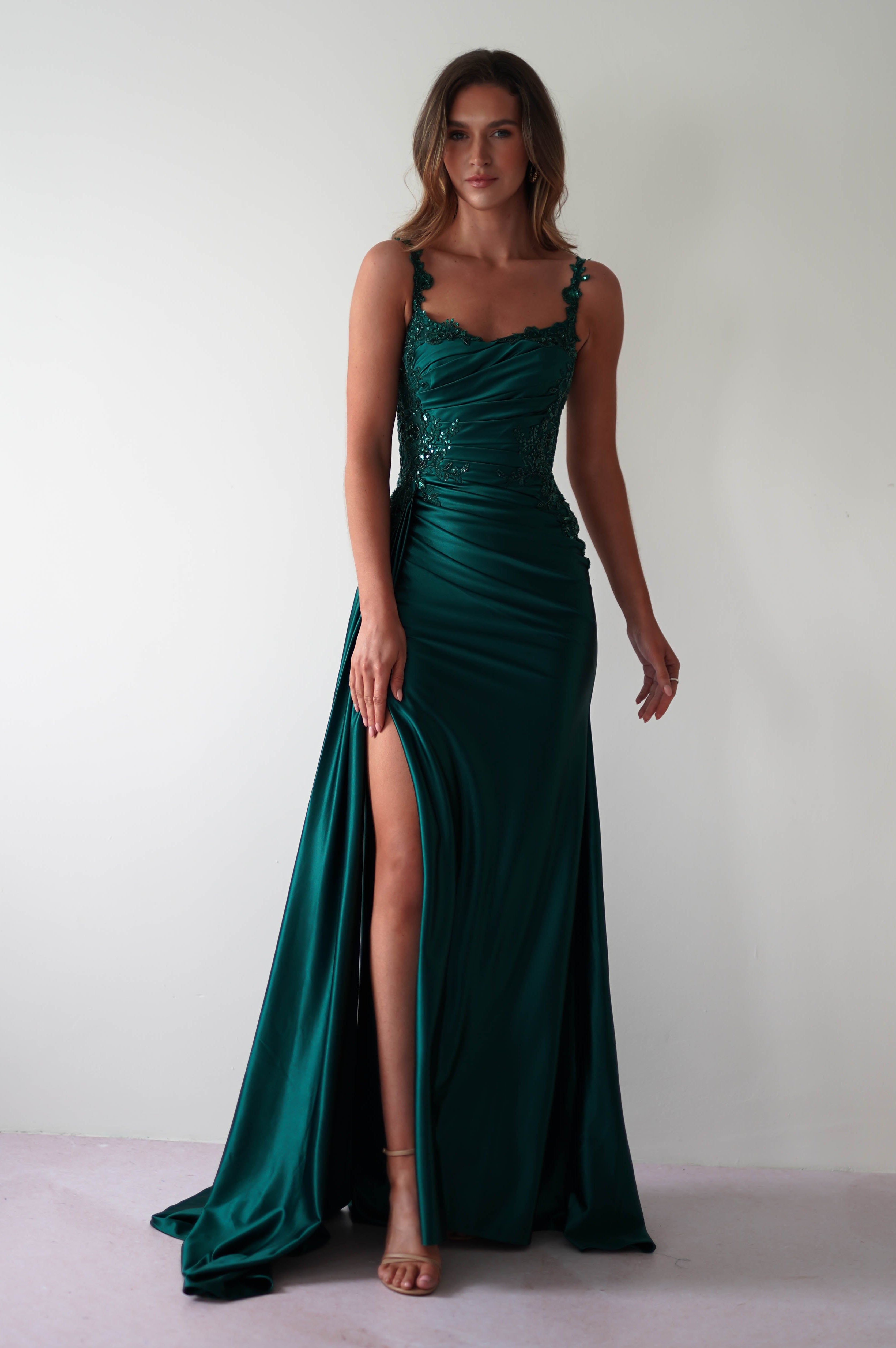 Cindy Pleated Bodice Gown | Emerald Green - Oh Hello Clothing