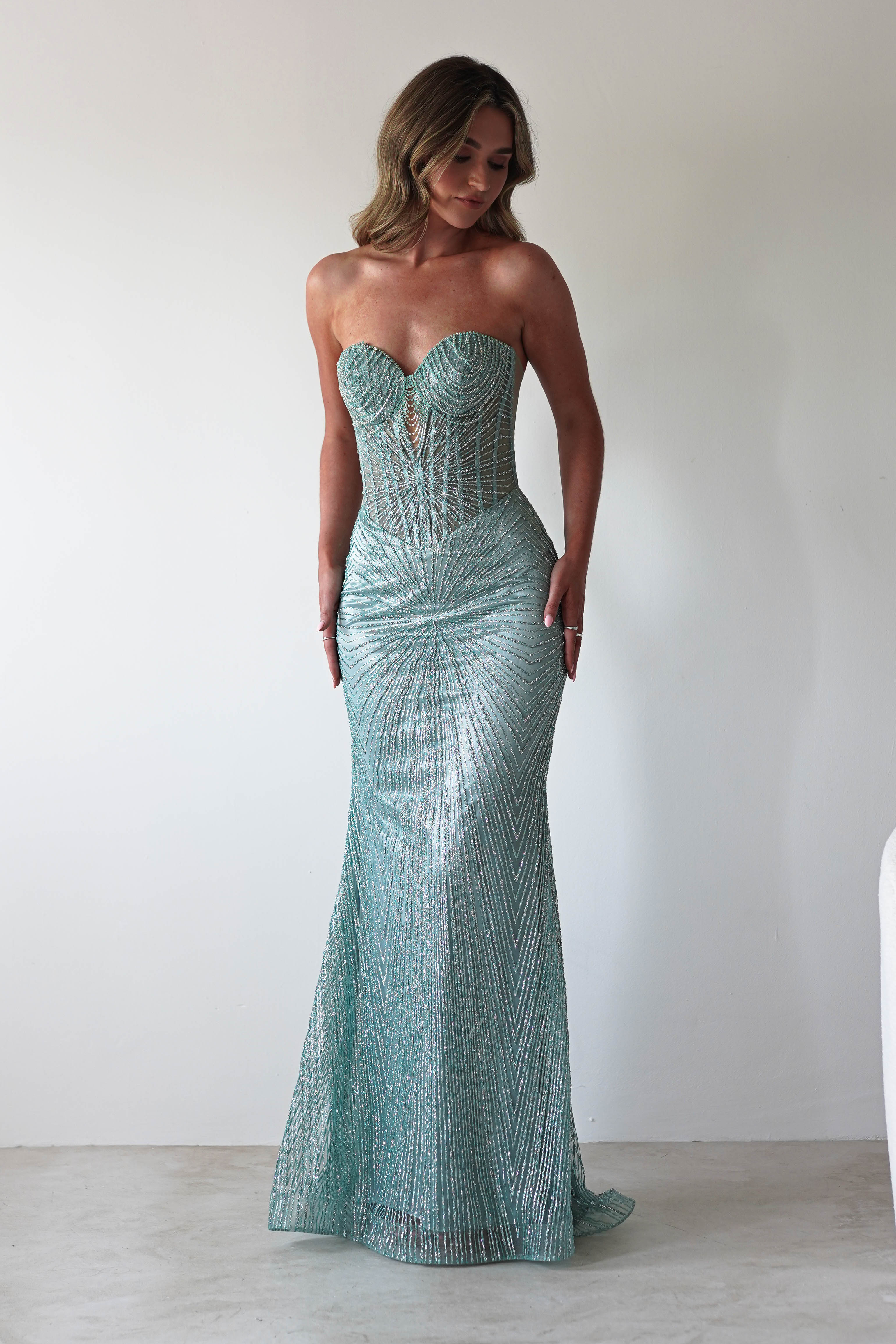 Elyse Glitter Strapless Gown | Sage - Oh Hello Clothing