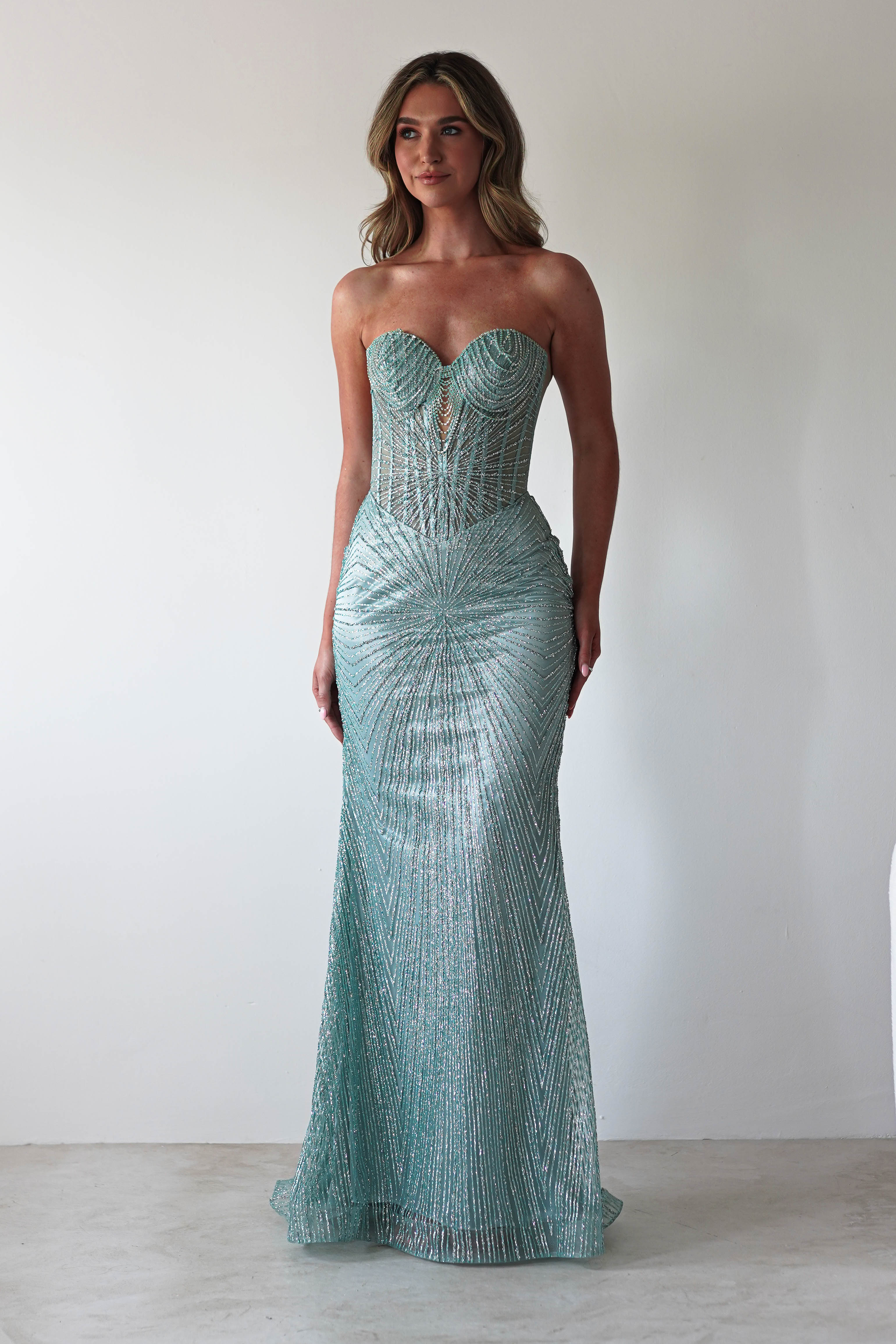 Elyse Glitter Strapless Gown | Sage - Oh Hello Clothing