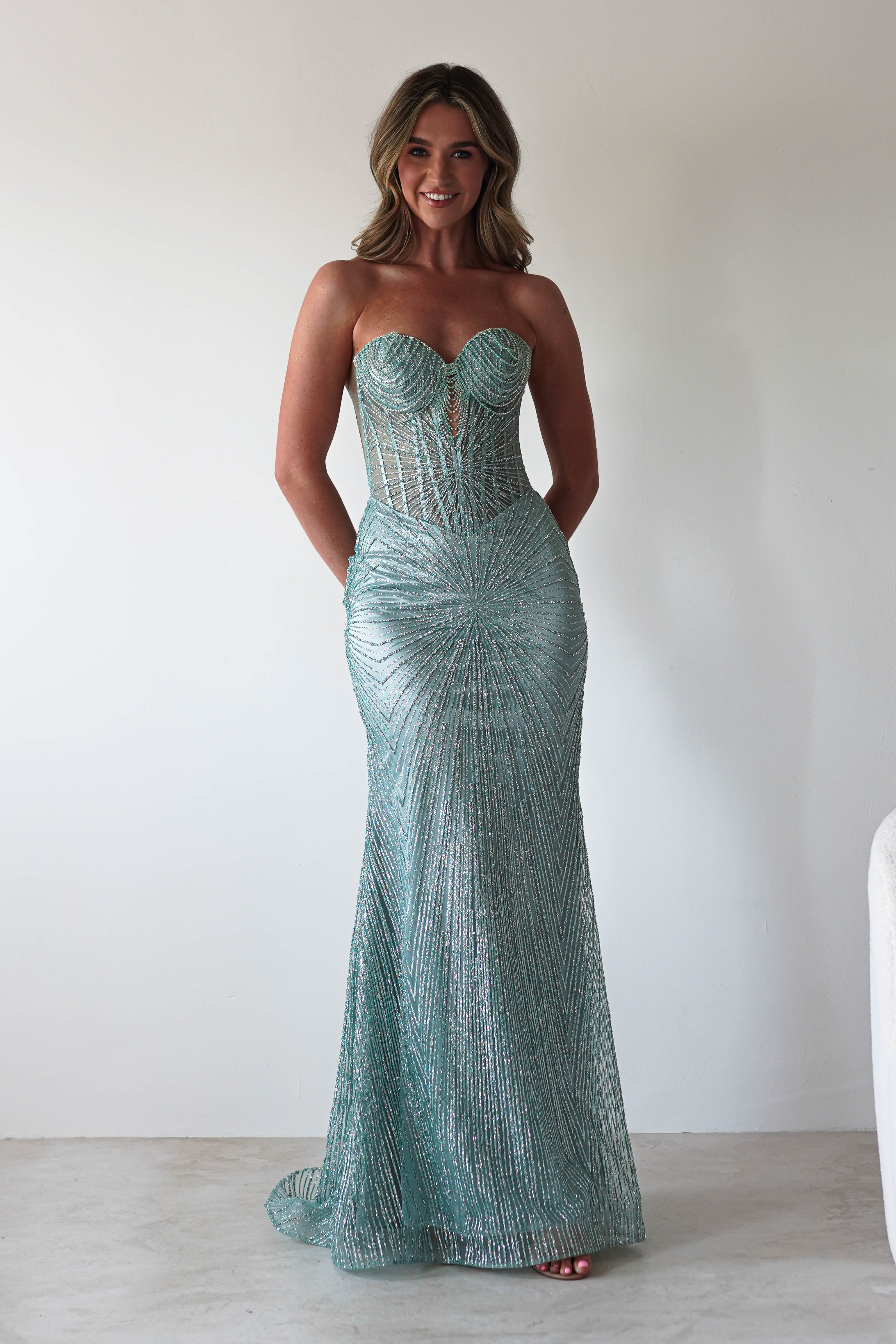 Elyse Glitter Strapless Gown | Sage - Oh Hello Clothing