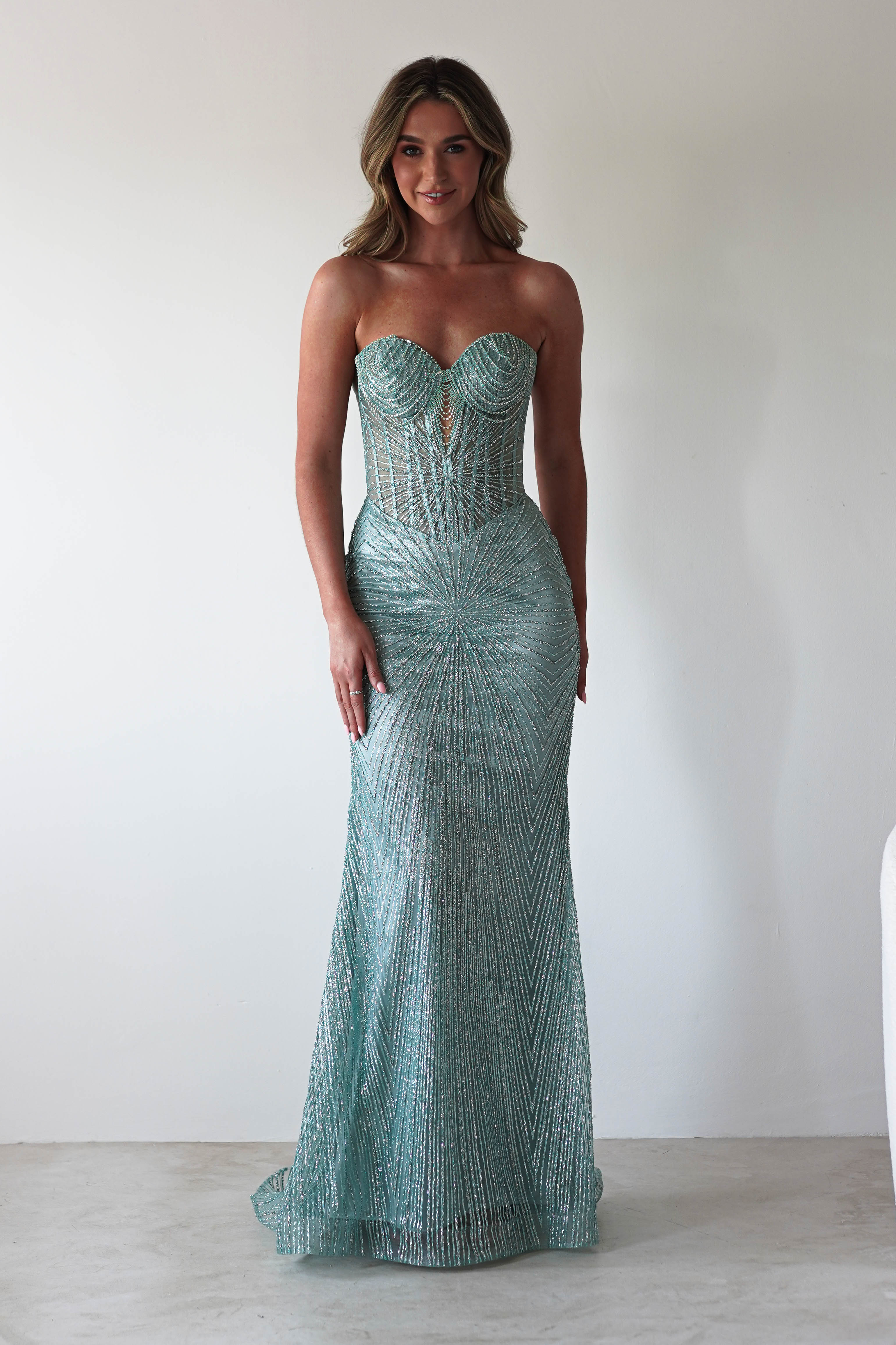 Elyse Glitter Strapless Gown | Sage - Oh Hello Clothing