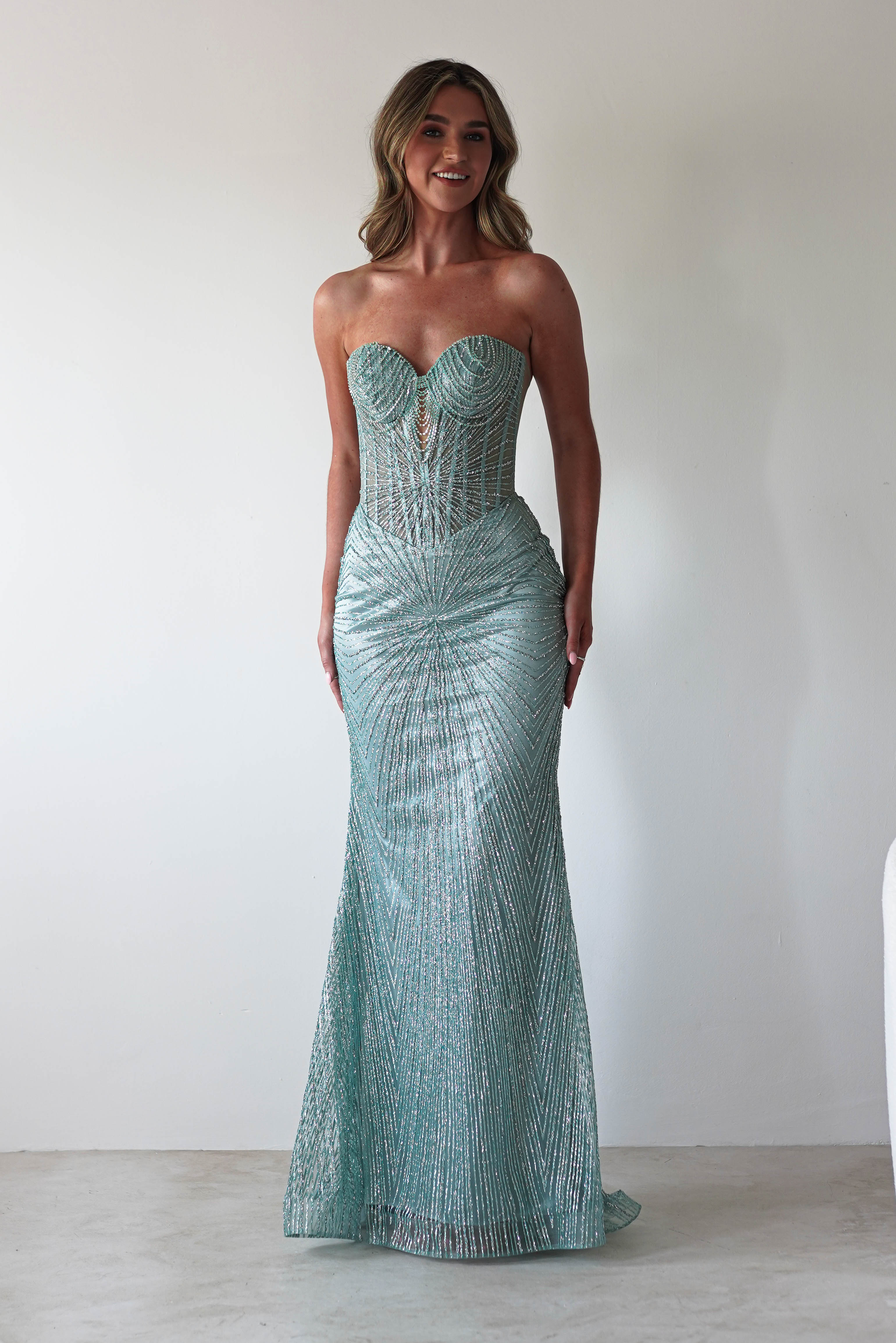 Elyse Glitter Strapless Gown | Sage - Oh Hello Clothing