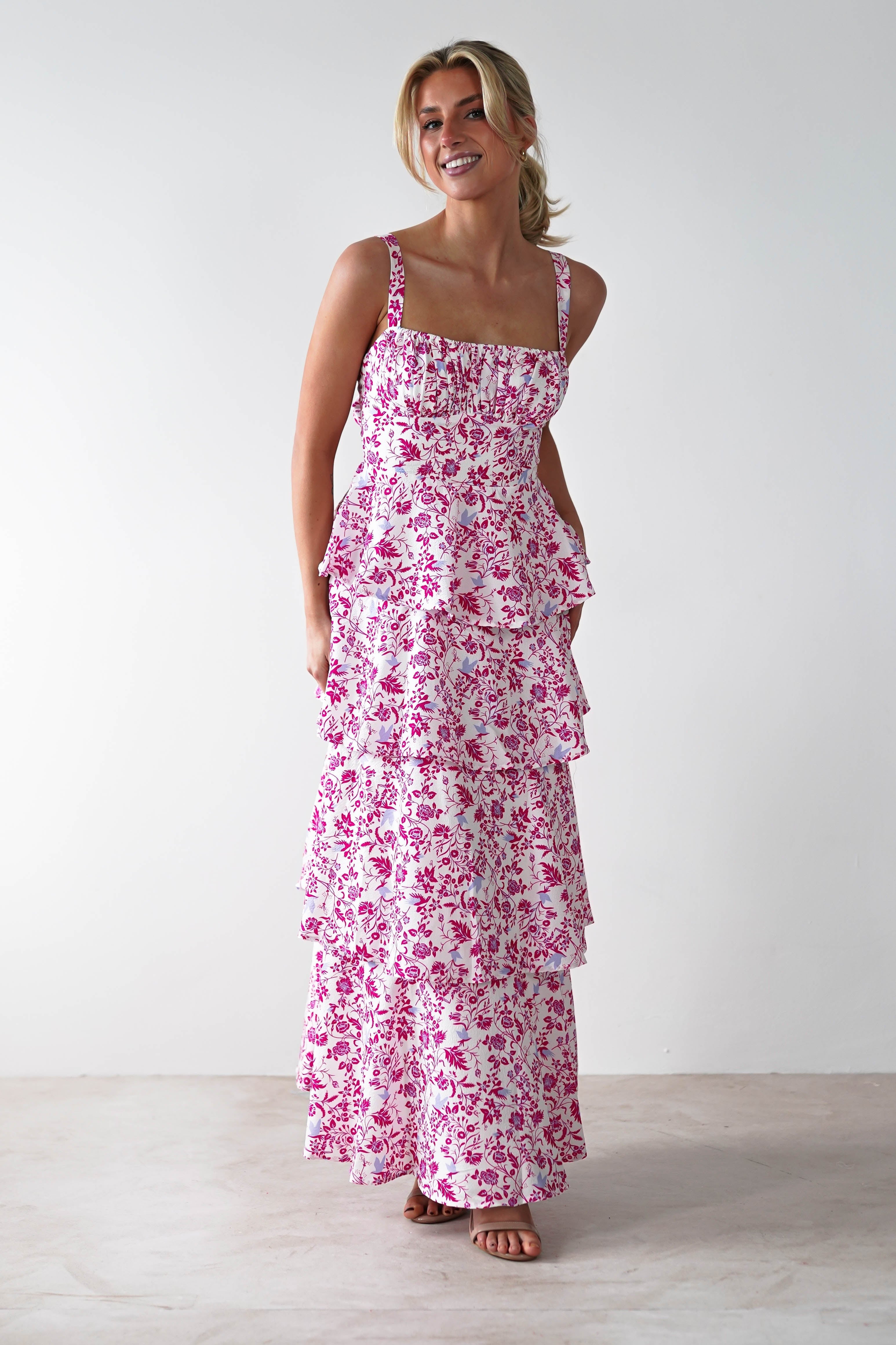 Emily Floral Ruffle Maxi Dress | Pink Print - Oh Hello Clothing