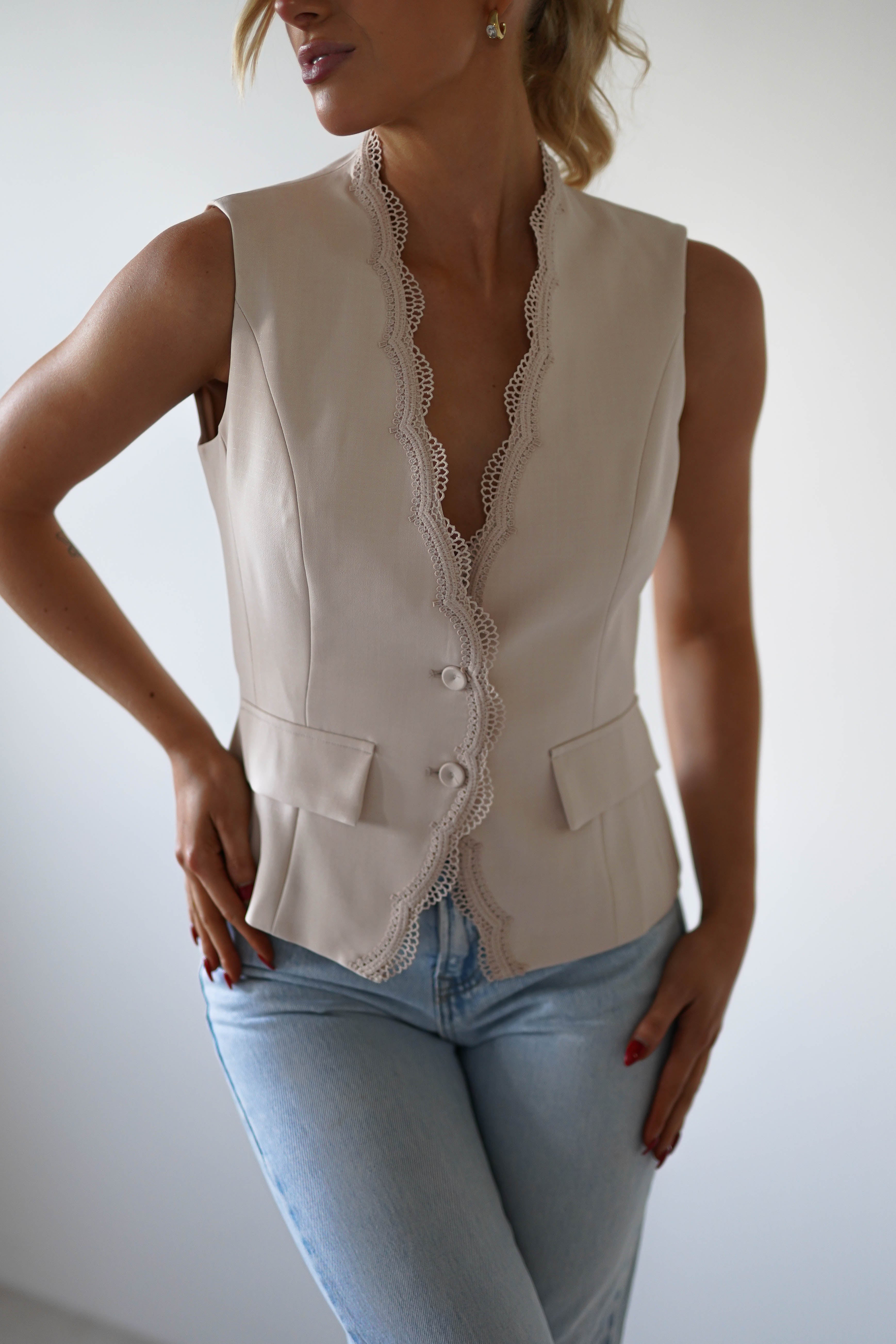 Rosha Lace Detail Waistcoat | Cream - Oh Hello Clothing