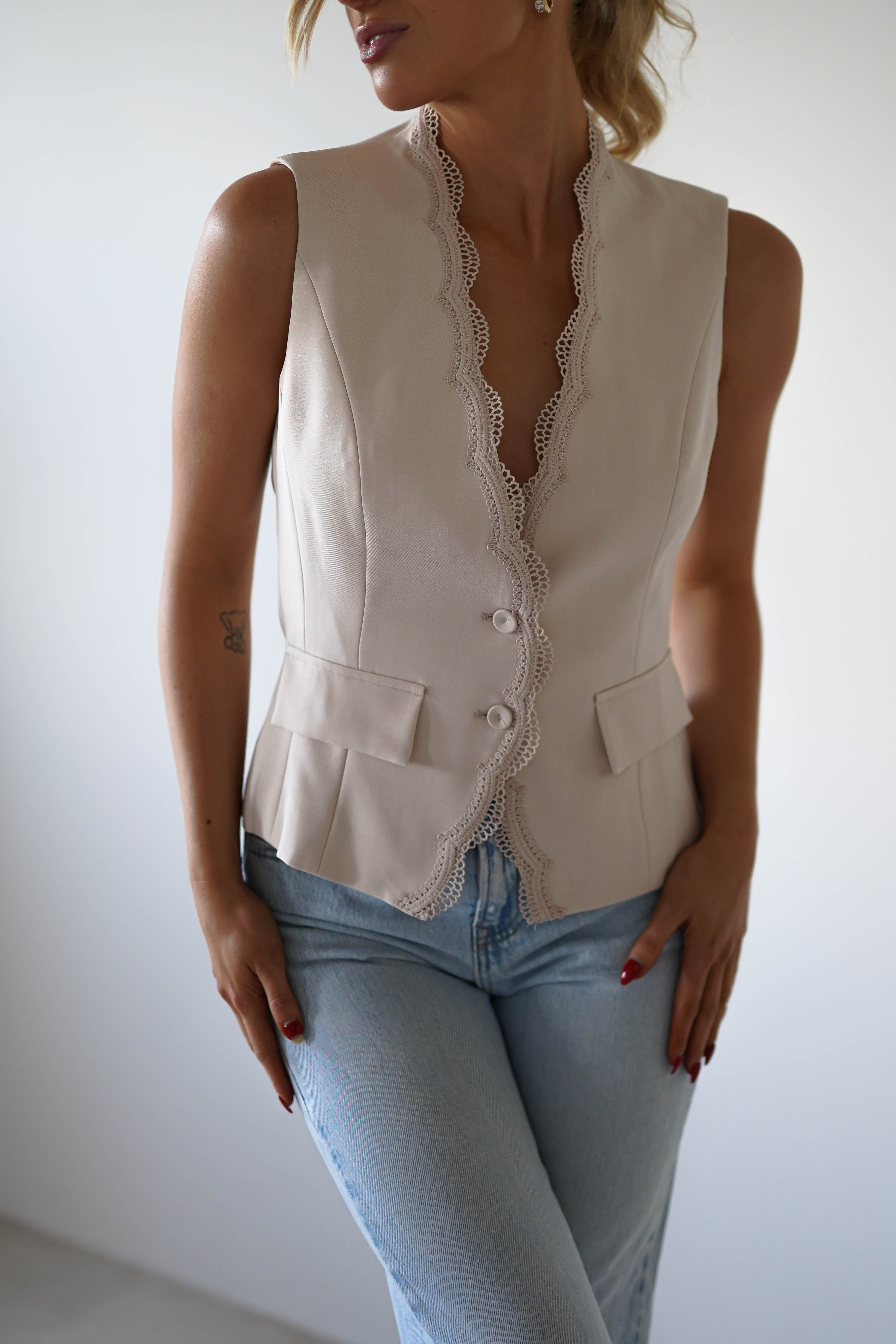 Rosha Lace Detail Waistcoat | Cream - Oh Hello Clothing