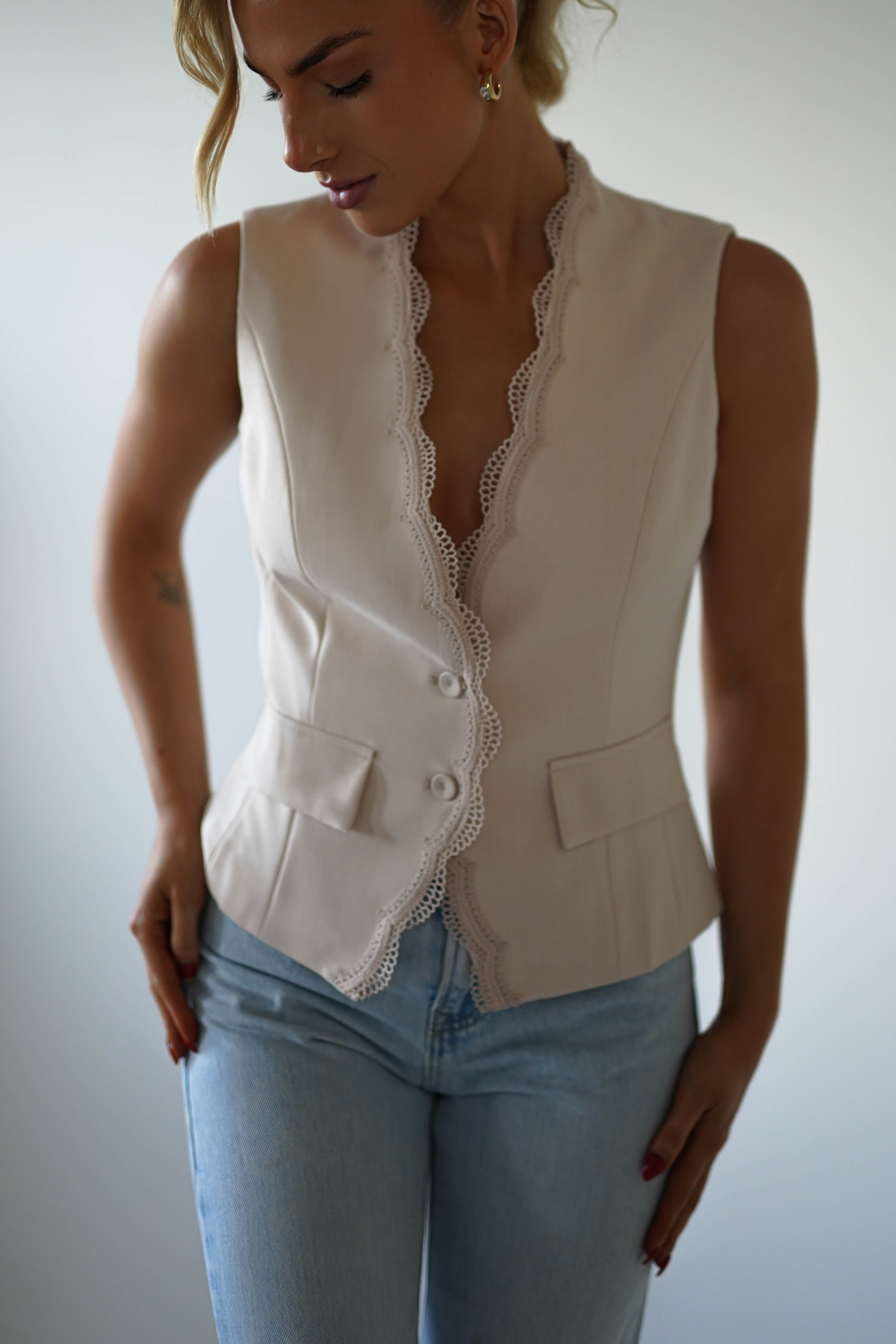 Rosha Lace Detail Waistcoat | Cream - Oh Hello Clothing